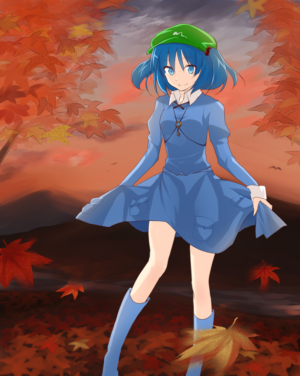 fujino ichi, melodybullet, kawashiro nitori, touhou, 1girl, blue eyes, blue hair, female focus, hair bobbles, hair ornament, hat, key, matching hair/eyes, short hair, solo, twintails, two side up