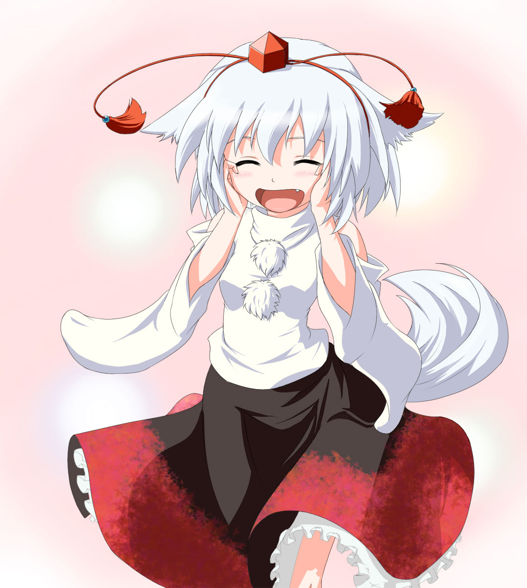 sachishiro pengin, inubashiri momiji, touhou, silver hair, bad id, bad pixiv id, highres, 1girl, :d, animal ears, detached sleeves, fang, female focus, happy, hat, open mouth, short hair, smile, solo, tail, tokin hat, wolf ears, wolf tail