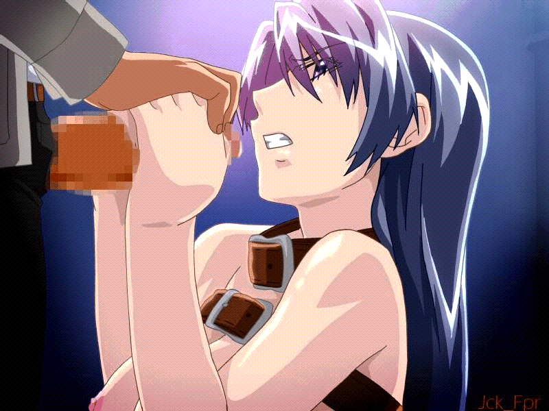 otowa saki, ero train, erogos, animated, animated gif, bdsm, blue hair, breasts, censored, collar, cum, cum on body, ejaculation, facial, handjob, nipples, penis, purple hair, two-handed handjob