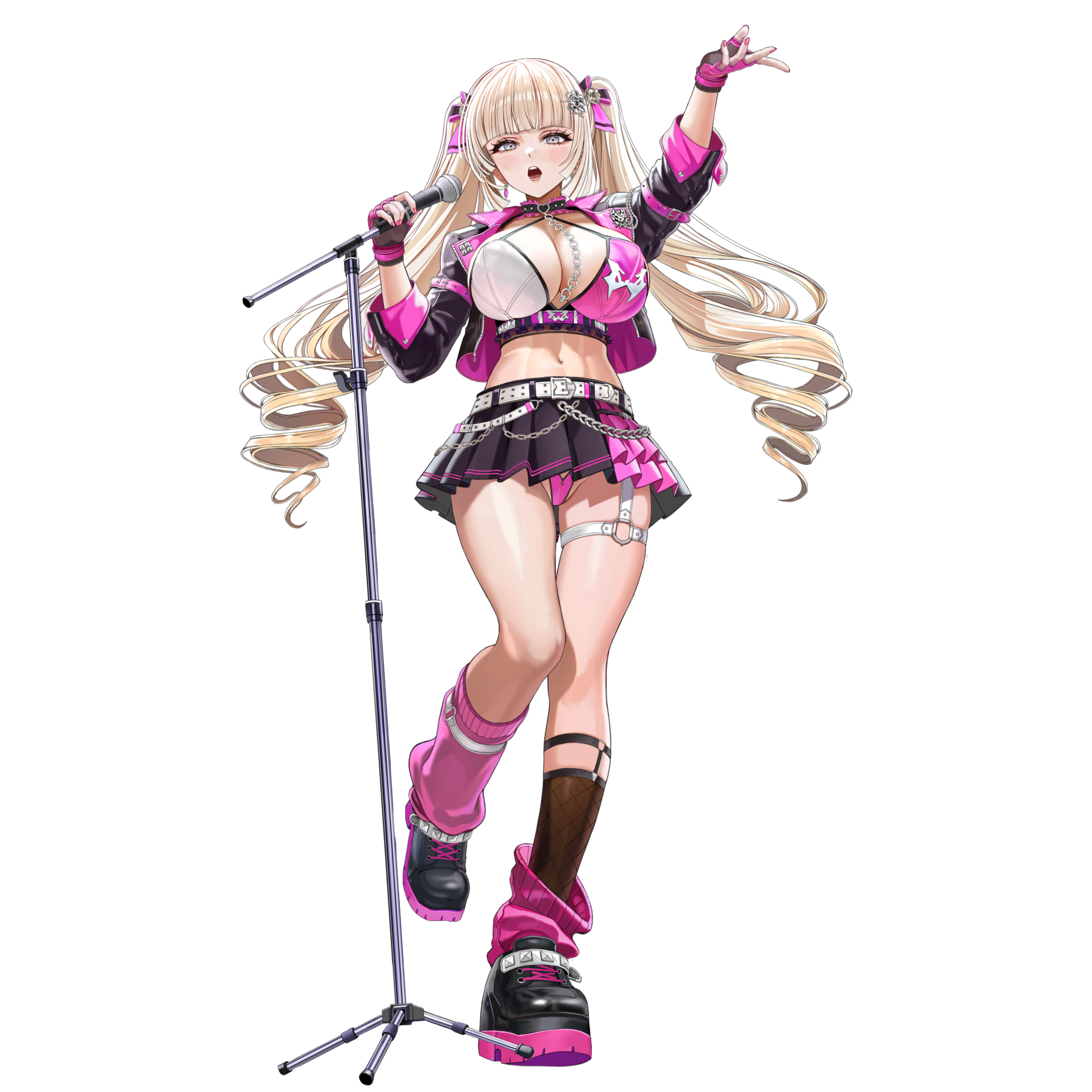 taesi, last origin, highres, non-web source, official art, 1girl, abs, arm belt, arm up, belt, black collar, black jacket, black shoes, black skirt, blonde hair, blunt bangs, blunt sidelocks, bra, breasts, chain, cleavage, clothing cutout, collar, covered erect nipples, drill hair, earrings, fingerless gloves, fishnet socks, fishnets, flower, frilled collar, frills, full body, gem, gloves, grey eyes, hair flower, hair ornament, hair ribbon, heart, heart o-ring, holding, holding microphone, jacket, jewelry, knees together feet apart, large breasts, leg belt, leg warmers, linea alba, looking at viewer, maria rioboros, microphone, microphone stand, microskirt, multicolored jacket, multicolored shoes, music, nail polish, navel, o-ring, o-ring collar, o-ring thigh strap, official alternate costume, open clothes, open jacket, open mouth, panties, pantyshot, partially visible vulva, pink belt, pink bra, pink frills, pink gem, pink gloves, pink jacket, pink leg warmers, pink nails, pink panties, pink ribbon, pink shoes, pink skirt, pleated skirt, ribbon, shoes, sidelocks, simple background, singing, skindentation, skirt, socks, solo, standing, standing on one leg, string bra, tachi-e, teeth, thick thighs, thigh strap, thighs, tongue, transparent background, twintails, two-tone bra, two-tone jacket, two-tone shoes, two-tone skirt, underbust, underwear, white belt, white bra