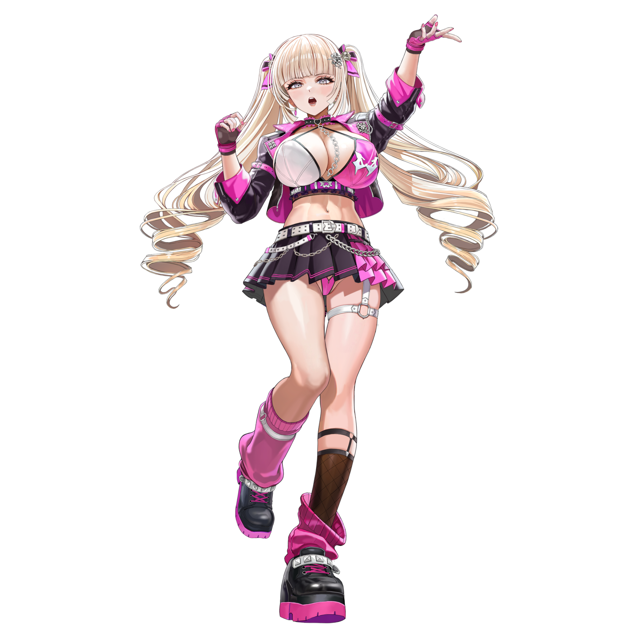 taesi, last origin, highres, non-web source, official art, 1girl, abs, arm belt, arm up, belt, black collar, black jacket, black shoes, black skirt, blonde hair, blunt bangs, blunt sidelocks, bra, breasts, chain, cleavage, clothing cutout, collar, covered erect nipples, drill hair, earrings, fingerless gloves, fishnet socks, fishnets, flower, frilled collar, frills, full body, gem, gloves, grey eyes, hair flower, hair ornament, hair ribbon, heart, heart o-ring, jacket, jewelry, knees together feet apart, large breasts, leg belt, leg warmers, linea alba, looking at viewer, maria rioboros, microskirt, multicolored jacket, multicolored shoes, music, nail polish, navel, o-ring, o-ring collar, o-ring thigh strap, official alternate costume, open clothes, open jacket, open mouth, panties, pantyshot, partially visible vulva, pink belt, pink bra, pink frills, pink gem, pink gloves, pink jacket, pink leg warmers, pink nails, pink panties, pink ribbon, pink shoes, pink skirt, pleated skirt, ribbon, shoes, sidelocks, simple background, singing, skindentation, skirt, socks, solo, standing, standing on one leg, string bra, tachi-e, teeth, thick thighs, thigh strap, thighs, tongue, transparent background, twintails, two-tone bra, two-tone jacket, two-tone shoes, two-tone skirt, underbust, underwear, white belt, white bra