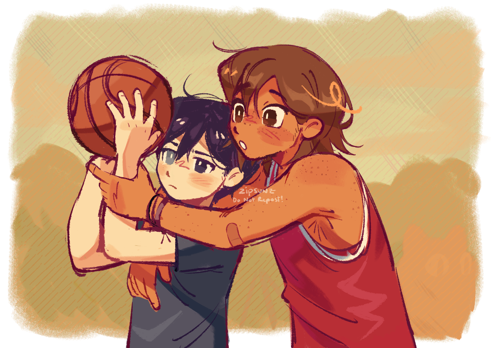 zipsunz, kel (faraway) (omori), kel (omori), sunny (omori), omori, commentary, english commentary, highres, spoilers, 2boys, alternate costume, alternate eye color, artist name, ball, bandaid, bandaid on arm, basketball (object), black eyes, black hair, black shirt, blush, body freckles, bracelet, bright pupils, brown eyes, brown hair, closed mouth, dark-skinned male, dark skin, double-parted bangs, freckles, grey eyes, hand on another's arm, heterochromia, holding, holding ball, jewelry, looking at another, male focus, multiple boys, parted lips, red tank top, shirt, short hair, short sleeves, shoulder freckles, t-shirt, tank top, watermark, white pupils