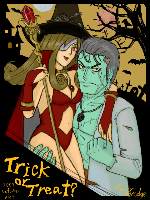 adelbert steiner, beatrix, frankenstein's monster, final fantasy, final fantasy ix, 00s, breasts, bridal gauntlets, brown hair, cleavage, colored skin, cosplay, couple, eyepatch, frankenstein's monster (cosplay), green skin, grey hair, halloween, hat, jewelry, leotard, long hair, necklace, purple eyes, short hair, staff, tree, witch, witch hat