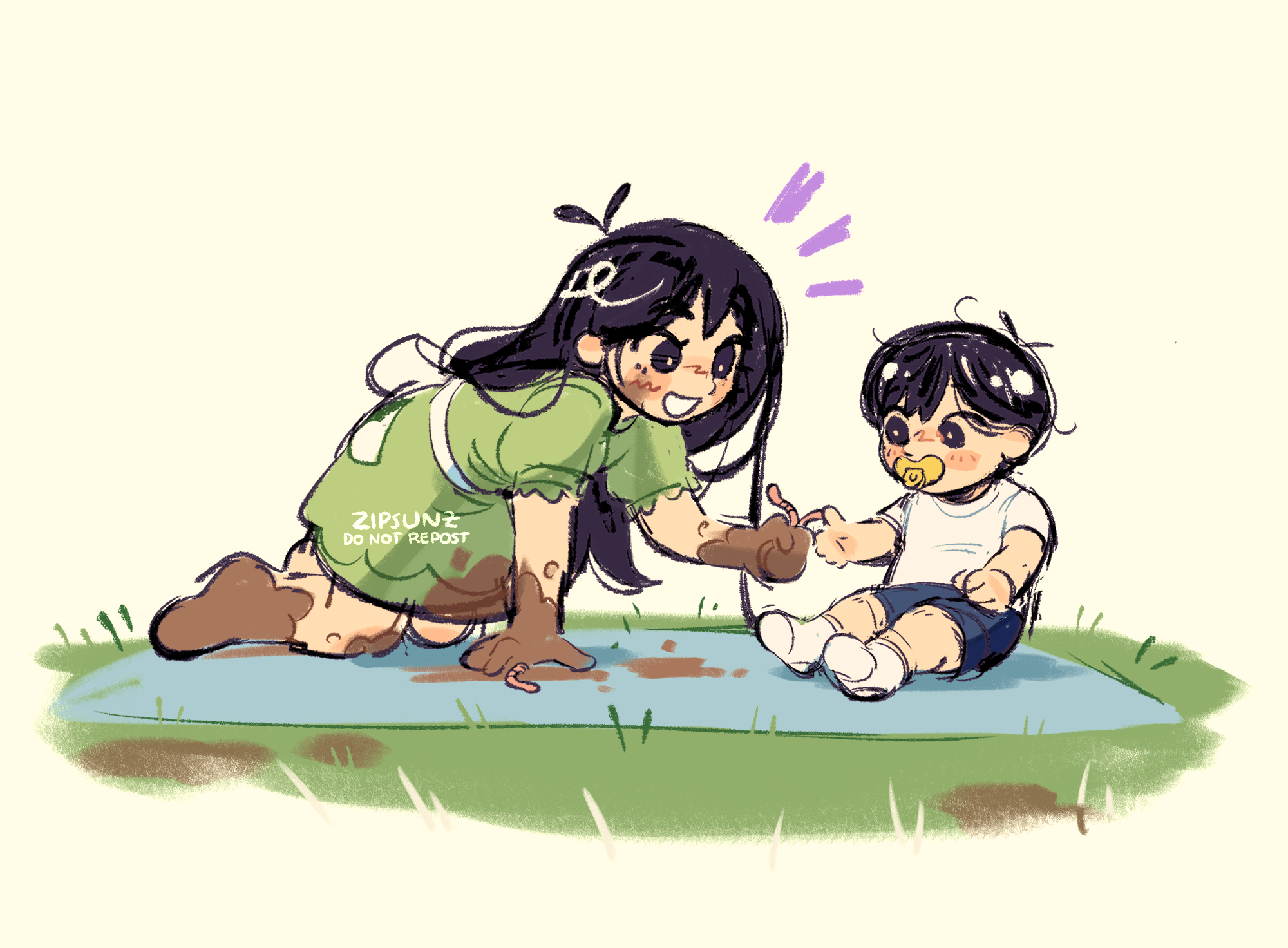 zipsunz, mari (faraway) (omori), mari (omori), sunny (omori), omori, commentary, english commentary, highres, 1boy, 1girl, aged down, all fours, alternate costume, antenna hair, artist name, barefoot, black eyes, black hair, black shorts, blanket, blush, bright pupils, brother and sister, double-parted bangs, earthworm, hair between eyes, long hair, looking at another, mud, open mouth, pacifier, shirt, short hair, short sleeves, shorts, siblings, simple background, sitting, smile, socks, t-shirt, watermark, white background, white pupils, white shirt, white socks