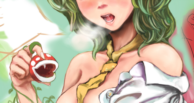 kouzilow, kazami yuuka, piranha plant, mario (series), nintendo, touhou, 1girl, ascot, bare shoulders, breasts, breath, crossover, fang, female focus, green hair, head out of frame, lips, necktie, off shoulder, open clothes, open mouth, open shirt, plant, saliva, shirt, short hair, solo, yellow necktie
