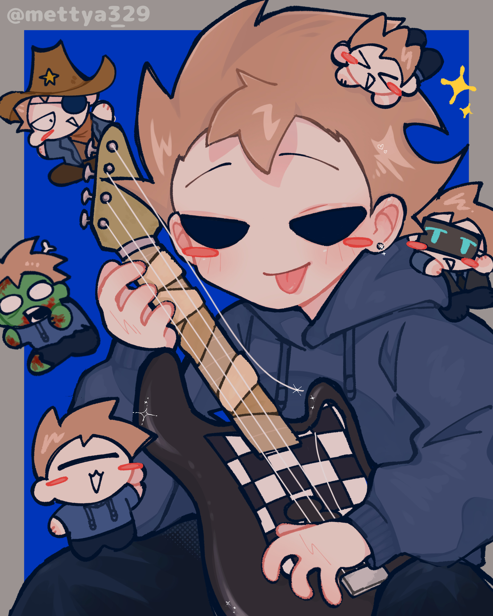mettya 329, future tom (eddsworld), tom (eddsworld), eddsworld, commentary request, highres, > <, 6+boys, :3, animification, artist name, bass guitar, black pants, blue hoodie, blush stickers, border, brown hair, brown hat, chibi, colored skin, cowboy hat, cowboy western, drawstring, green skin, grey border, hair behind ear, hat, head-mounted display, holding, holding bass guitar, holding instrument, hollow eyes, hood, hood down, hoodie, instrument, long sleeves, looking at viewer, male focus, mini person, miniboy, multiple boys, multiple persona, on shoulder, pants, prototype design, sheriff (western), short hair, simple background, sitting, smile, solo focus, sparkle, spiked hair, thompson (eddsworld), tongue, tongue out, twitter username, zombie