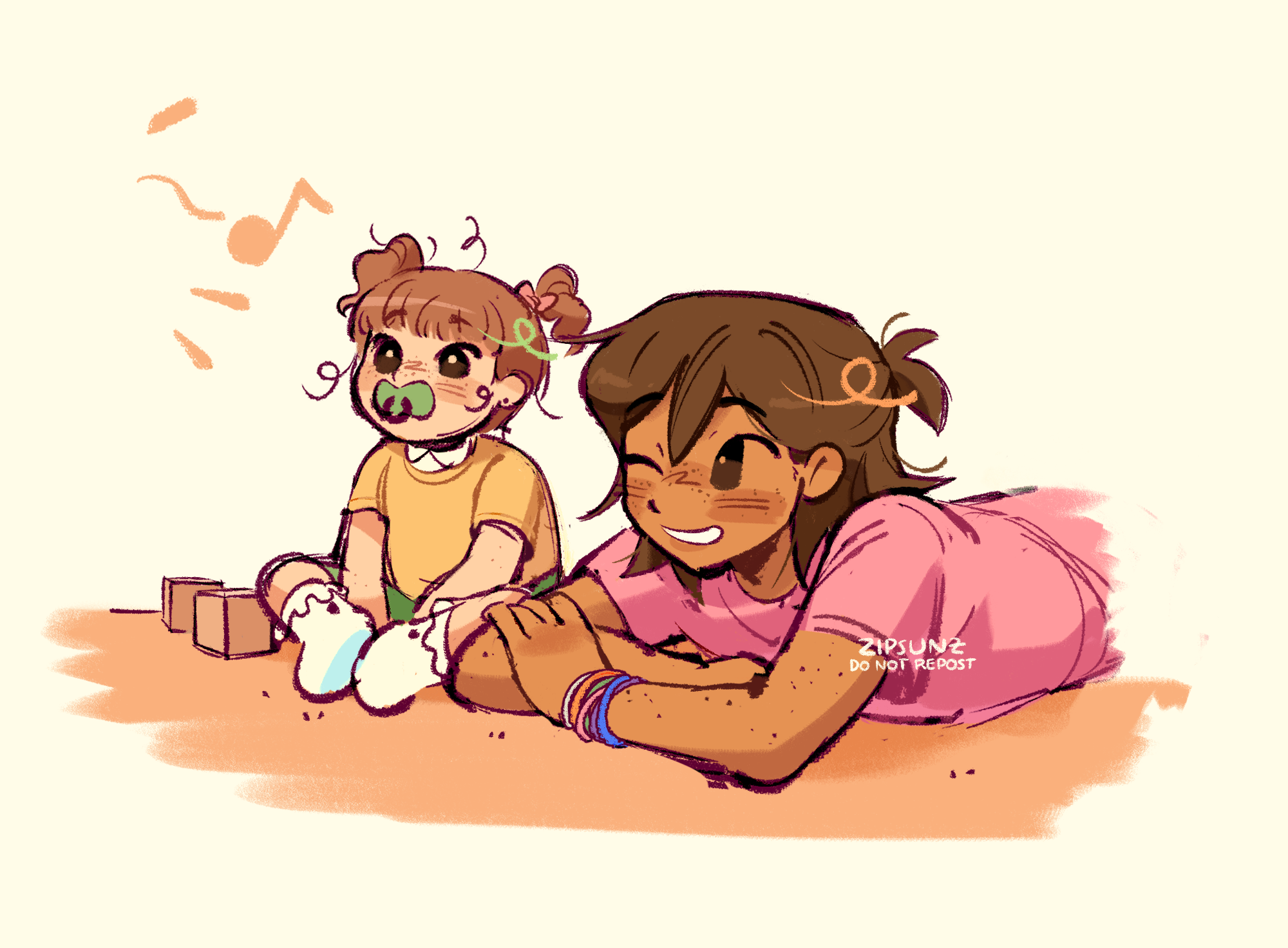 zipsunz, kel (faraway) (omori), kel (omori), sally (omori), omori, commentary, english commentary, highres, 1boy, 1girl, alternate costume, alternate eye color, alternate hairstyle, artist name, blush, bow, bracelet, bright pupils, brother and sister, brown eyes, brown hair, dark-skinned male, dark skin, eighth note, green shorts, hair bow, jewelry, looking at another, lying, musical note, on stomach, one eye closed, open mouth, pacifier, pink bow, pink shirt, shirt, short hair, short sleeves, short twintails, shorts, siblings, simple background, sitting, smile, socks, t-shirt, twintails, watermark, white background, white pupils, white socks, yellow shirt