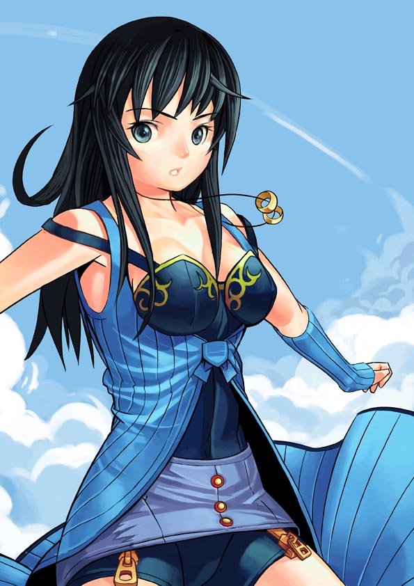 cao-cao, sousouden, rinoa heartilly, final fantasy, final fantasy viii, 1990s (style), 1girl, bare shoulders, black hair, blue eyes, breasts, cloud, detached sleeves, female focus, jewelry, long hair, miniskirt, necklace, outdoors, ring, skirt, sky, solo, zipper