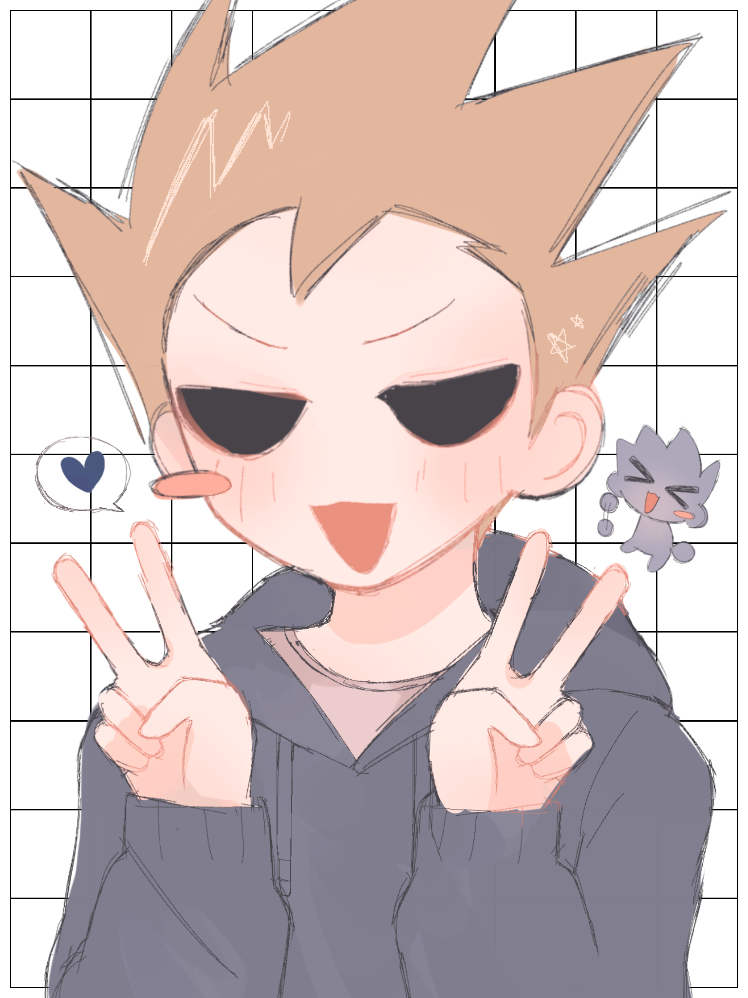 mettya 329, tom (eddsworld), eddsworld, commentary request, highres, 1boy, :3, animification, blue hoodie, blush, blush stickers, brown hair, chibi, chibi inset, double v, drawstring, grid background, heart, hollow eyes, hood, hood down, hoodie, long sleeves, looking at viewer, male focus, open mouth, shirt, short hair, simple background, single blush sticker, smile, solo, spiked hair, spoken heart, upper body, v, white background