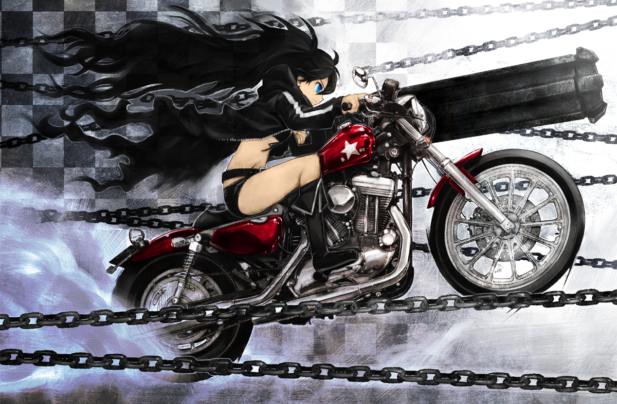 boyaking, black rock shooter (character), black rock shooter, harley davidson, vehicle, 10s, 1girl, arm cannon, belt, bikini, bikini top only, black bikini, black boots, black hair, blue eyes, boots, chain, female focus, flat chest, jacket, long hair, motor vehicle, motorcycle, scar, shorts, solo, swimsuit, weapon, wheelie