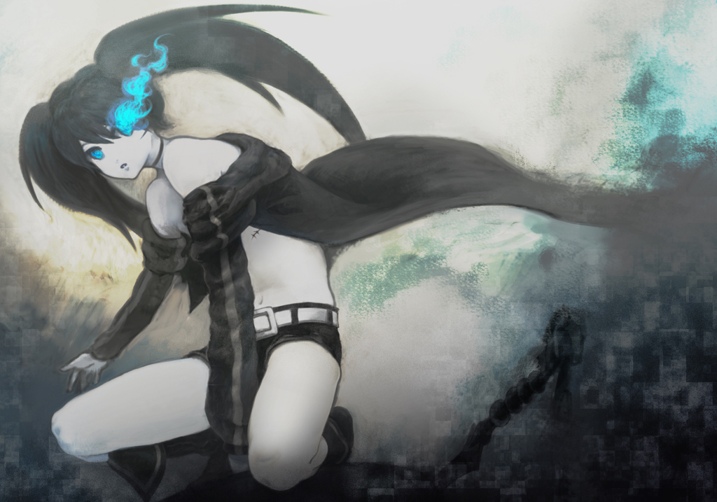 belir, black rock shooter (character), black rock shooter, commentary request, 1girl, belt, bikini, black coat, black hair, black shorts, boots, coat, flaming eye, glowing, glowing eye, long hair, pale skin, scar, shorts, solo, swimsuit, twintails, uneven twintails