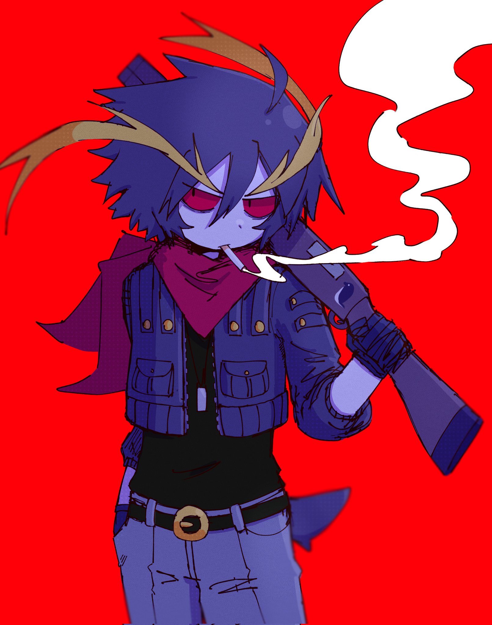 pipiikki, rock (funamusea), funamusea, ice scream, highres, 1boy, belt, bird, black eyes, black shirt, cigarette, colored sclera, grey pants, gun, holding, holding gun, holding weapon, huge eyebrows, jacket, messy hair, open clothes, open jacket, pants, penguin, red background, red scarf, red sclera, scarf, shirt, short hair, shotgun, simple background, smoke, smoking, solo, standing, tail, weapon