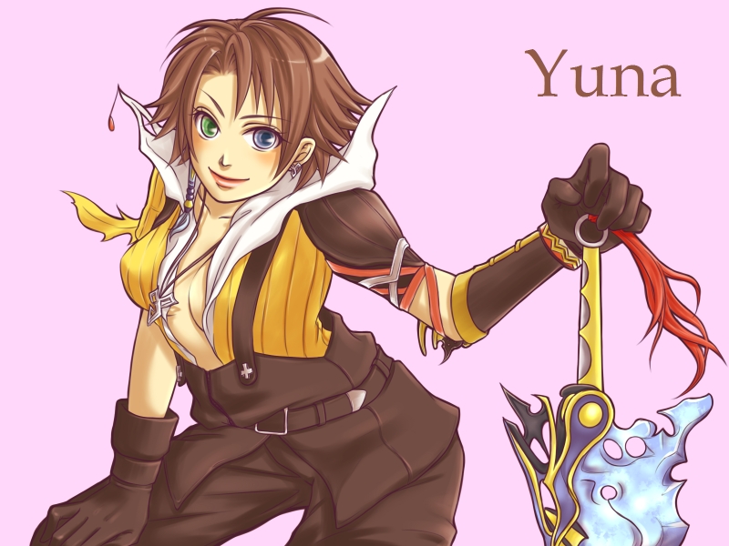 ranis, tidus, yuna, final fantasy, final fantasy x, 00s, 1girl, belt, blue eyes, breasts, brown hair, cleavage, cosplay, female focus, gloves, green eyes, heterochromia, jewelry, necklace, pants, short hair, simple background, solo, sword, tidus (cosplay), weapon