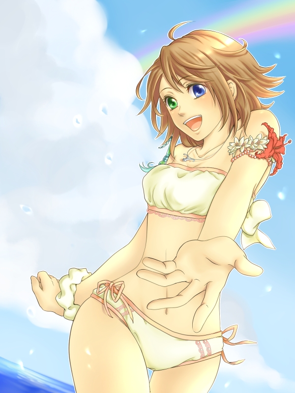 ranis, yuna, final fantasy, final fantasy x, 00s, 1girl, bare shoulders, bikini, blue eyes, brown hair, cloud, female focus, green eyes, heterochromia, jewelry, necklace, open mouth, outdoors, rainbow, short hair, sky, solo, strapless, swimsuit, tube top, water, wristband