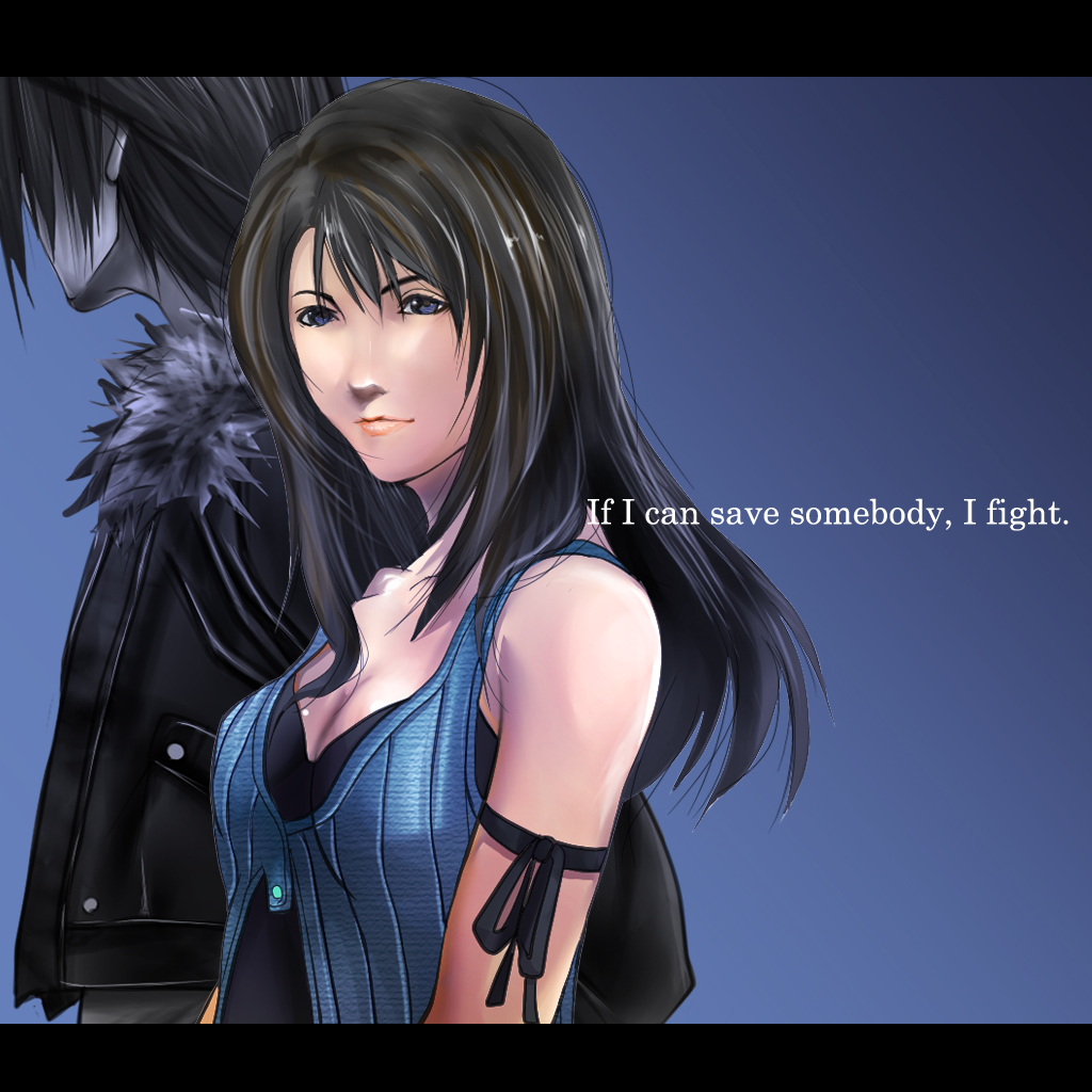 orange (pixiv710267), orange cassis, rinoa heartilly, squall leonhart, final fantasy, final fantasy viii, 1990s (style), 1boy, 1girl, bare shoulders, black hair, blue eyes, brown hair, couple, jacket, long hair, short hair