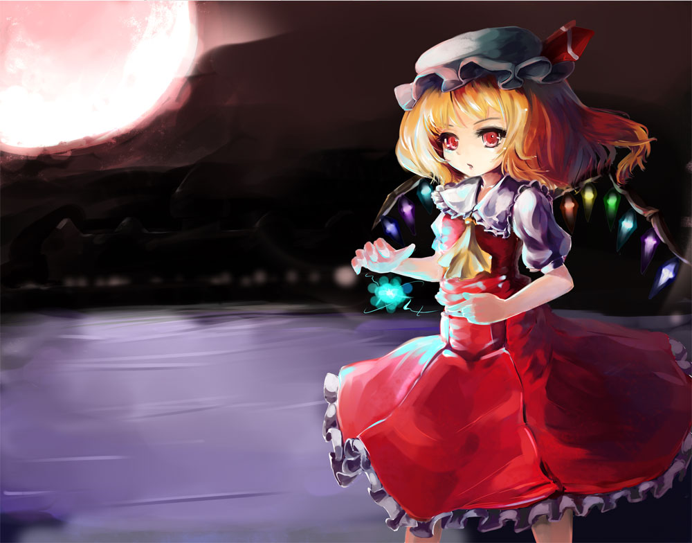 anoko (artist), childofa, flandre scarlet, embodiment of scarlet devil, touhou, 1girl, blonde hair, female focus, hat, magic, ponytail, red eyes, short hair, side ponytail, solo, wings