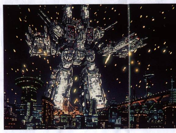 sdf-1, choujikuu yousai macross, macross, macross: do you remember love?, macross plus, 1980s (style), 1990s (style), battle, battleship, city, mecha, military, military vehicle, night, no humans, oldschool, retro artstyle, robot, ship, spacecraft, warship, watercraft
