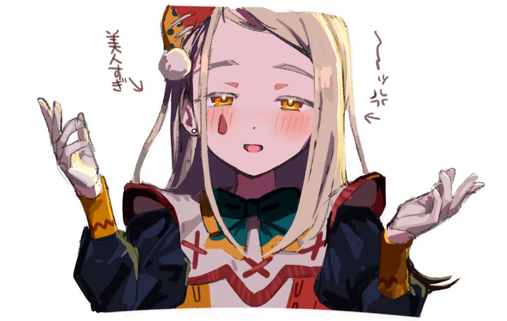 sumomo otome, shinosawa hiro, gakuen idolmaster, idolmaster, commentary request, derivative work, screenshot redraw, translation request, 1girl, black shirt, blonde hair, blush, bow, bowtie, colored eyelashes, cropped torso, doll joints, earrings, fancy dress party (idolmaster), flipped hair, gloves, green bow, green bowtie, grey gloves, grey hair, half-closed eyes, hands up, hat, jester, jester cap, jewelry, joints, long hair, looking at viewer, multicolored shirt, multiple girls, open mouth, orange eyes, orange hat, parted hair, red eyes, shirt, simple background, smile, solo, stud earrings, teardrop facial mark, white background, white shirt