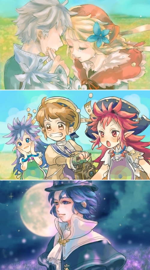 3moji, allegretto, beat, beat (trusty bell), frederic chopin (trusty bell), march (trusty bell), polka (trusty bell), salsa, salsa (trusty bell), trusty bell, silver hair, bad id, bad pixiv id, 3boys, 3girls, bicorne, blonde hair, blue eyes, blue hair, brown eyes, brown hair, hat, long hair, moon, multiple boys, multiple girls, pointy ears, purple hair, red eyes, red hair, short hair, tears, top hat, twintails