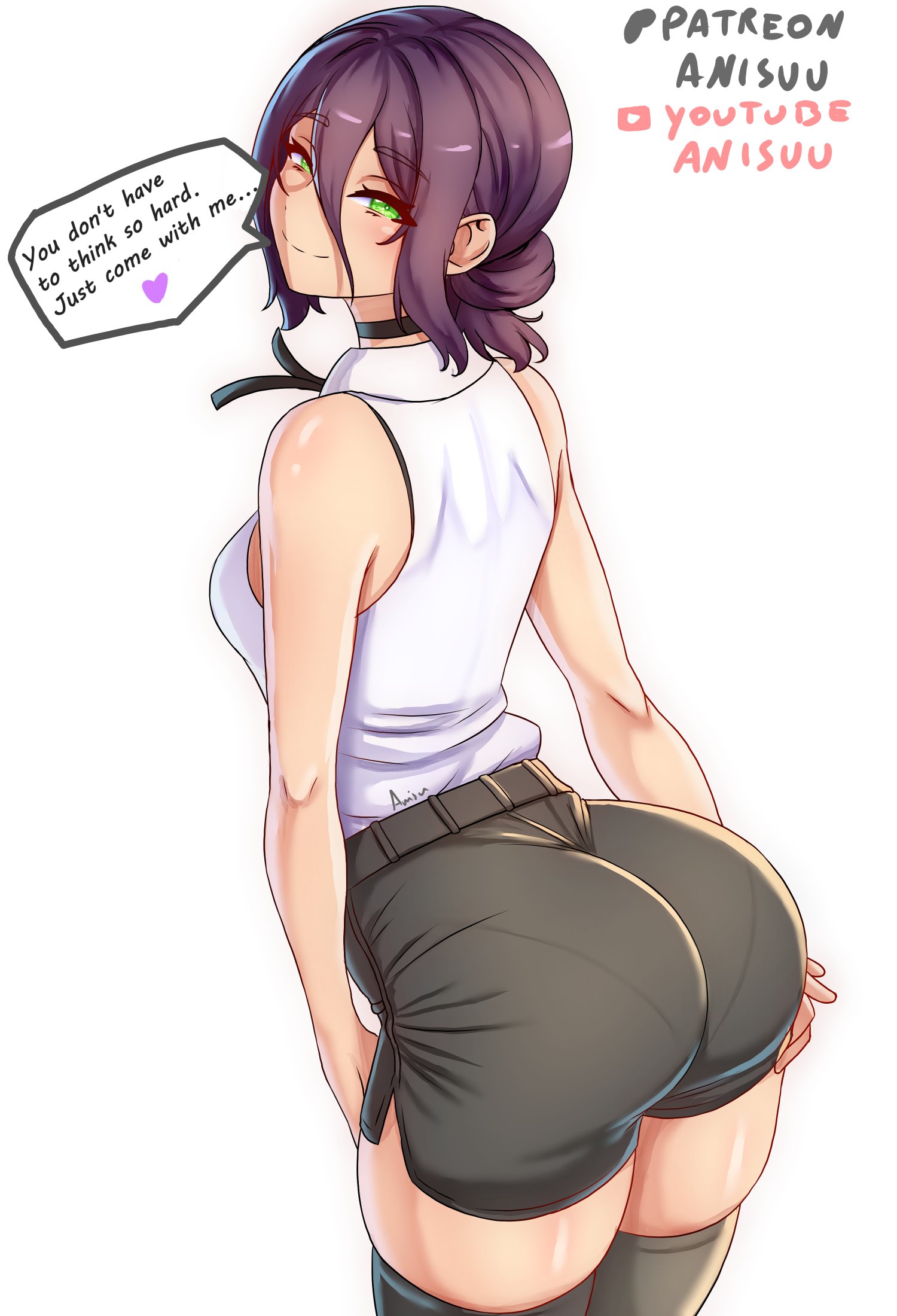 anisdrawn, reze (chainsaw man), chainsaw man, commentary, english commentary, highres, 1girl, ass, ass focus, black choker, black shorts, black thighhighs, breasts, choker, english text, from behind, green eyes, looking at viewer, looking back, medium breasts, pantylines, purple hair, shirt, shorts, simple background, sleeveless, sleeveless shirt, solo, speech bubble, thighhighs, white background, white shirt