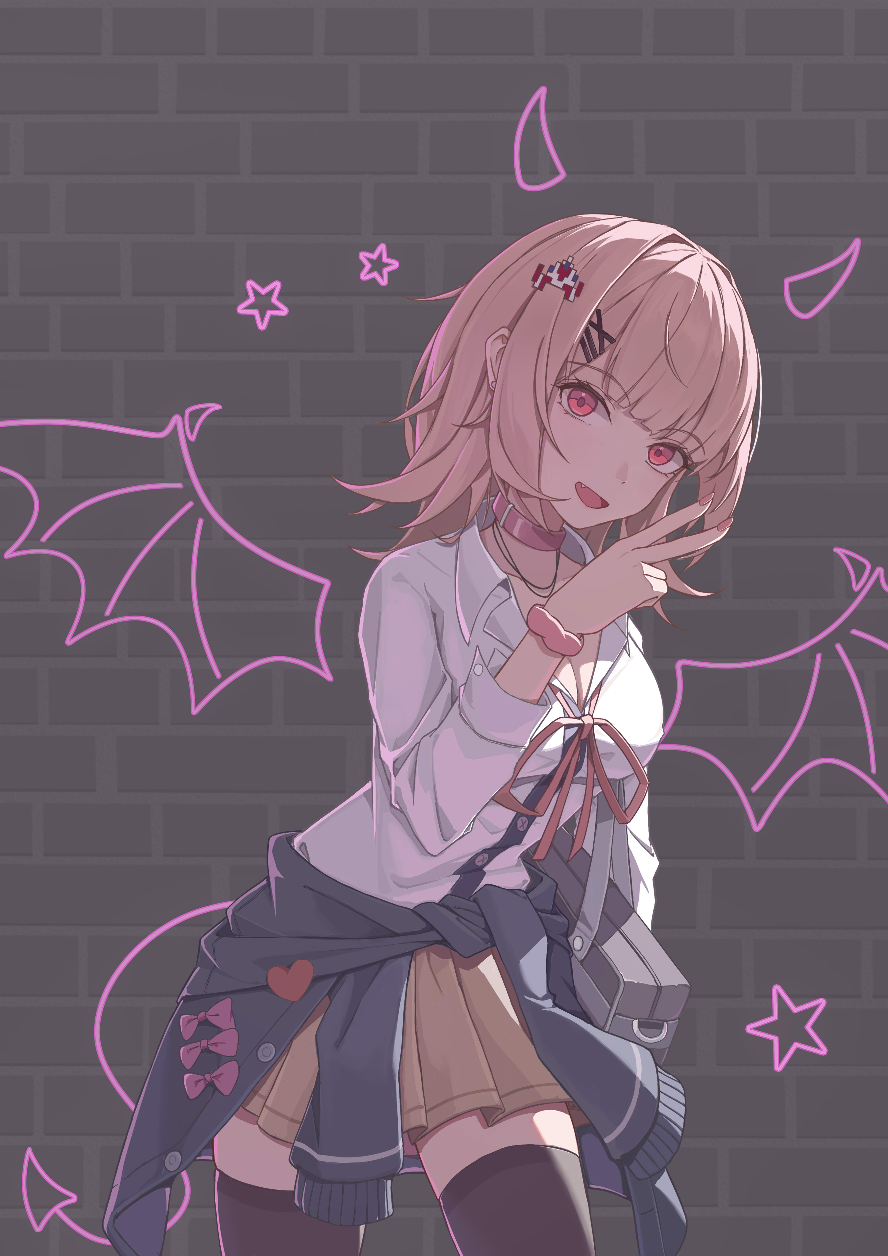 qianqiu, nanami chiaki, danganronpa (series), danganronpa 2: goodbye despair, absurdres, commentary request, highres, 1girl, :d, black thighhighs, breasts, brown hair, brown skirt, choker, clothes around waist, demon horns, demon tail, demon wings, dress shirt, fake horns, fake tail, fake wings, hair ornament, hand up, horns, jacket, jacket around waist, large breasts, long sleeves, medium hair, miniskirt, neck ribbon, open mouth, pink choker, pink eyes, pleated skirt, ribbon, shirt, skirt, smile, star (symbol), tail, thighhighs, white shirt, wings, zettai ryouiki