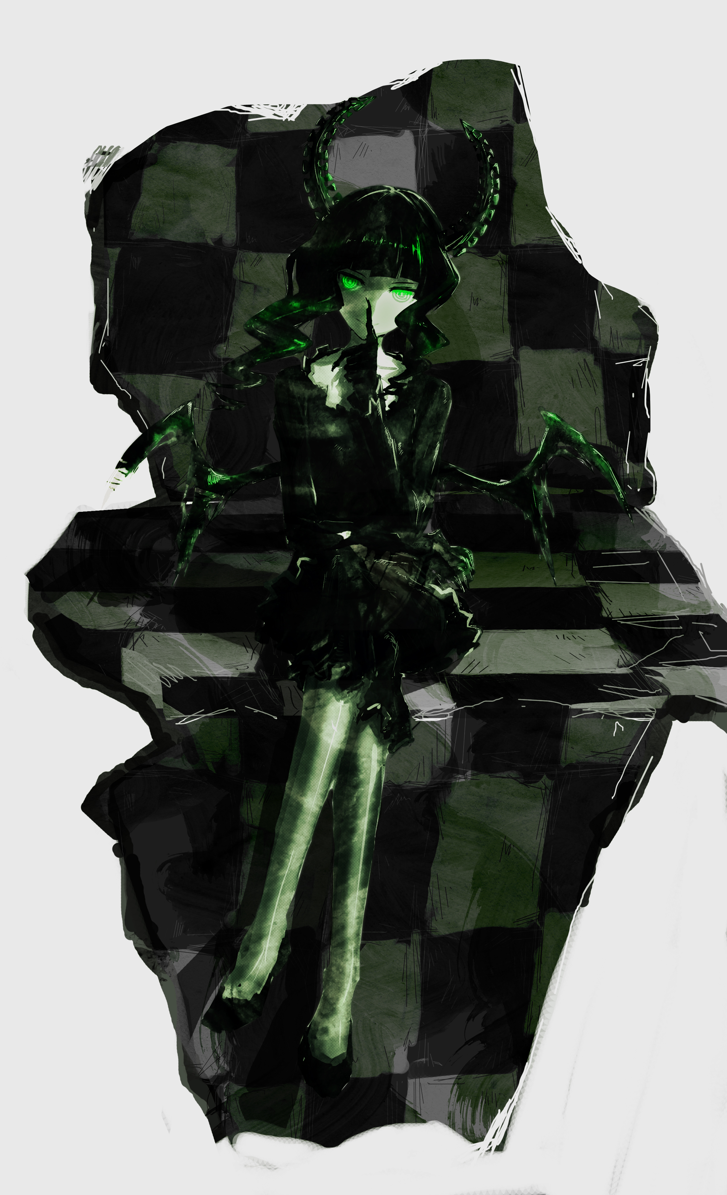 dead master, black rock shooter, absurdres, highres, 1girl, black dress, black leggings, checkered floor, crossed legs, dress, finger to mouth, glowing, glowing eyes, green eyes, green horns, horns, leggings, medium hair, pale skin, skeletal hand, skeletal wings, solo, sz020321, wavy hair, wings