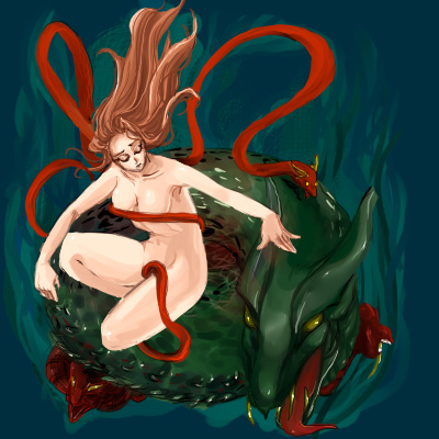 sakata3, melusine, final fantasy, final fantasy v, lowres, 1990s (style), 1girl, bare shoulders, breasts, brown hair, censored, cleavage, closed eyes, convenient censoring, female focus, full body, long hair, monster girl, snake, solo