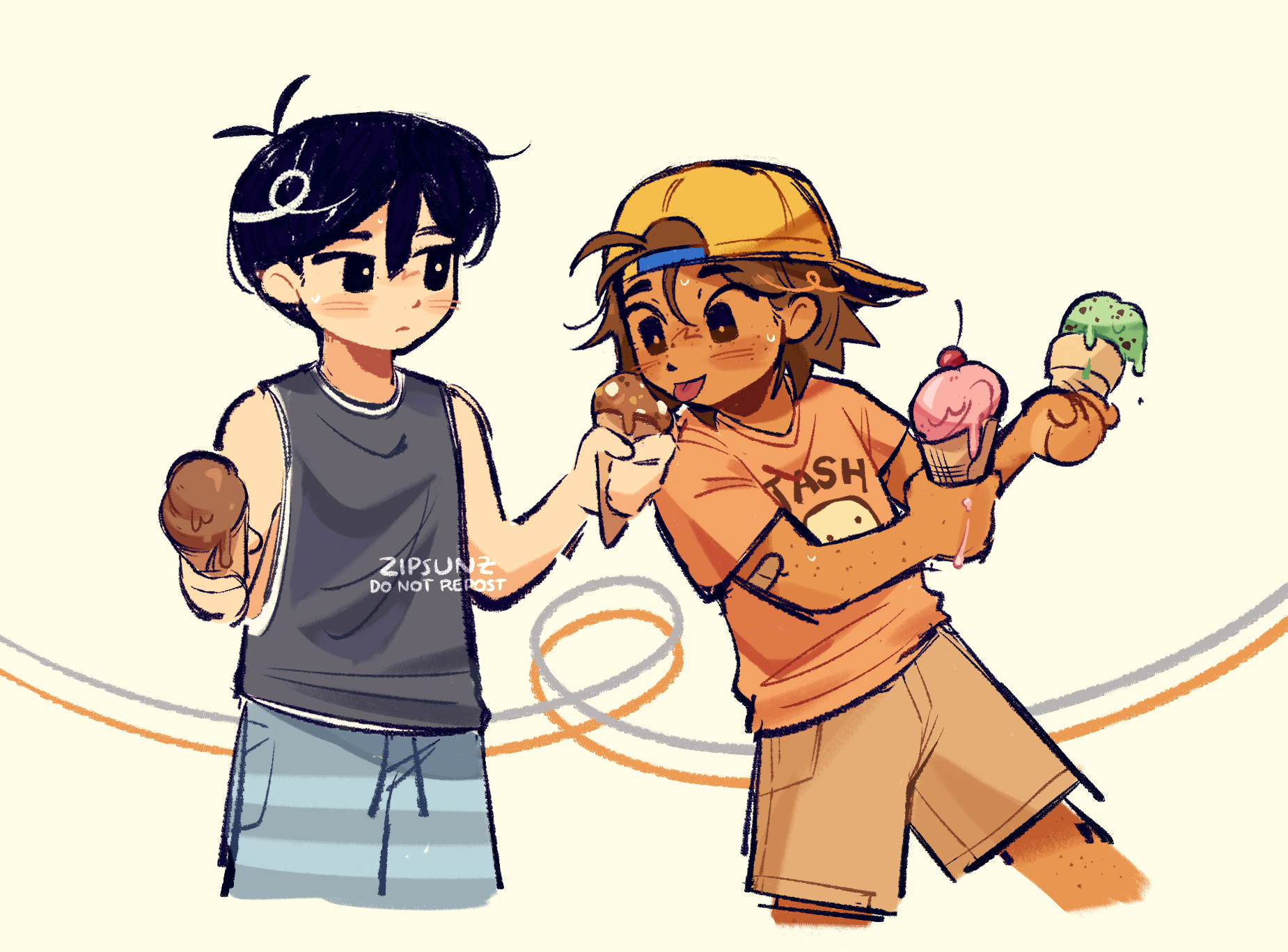 zipsunz, jash (omori), kel (faraway) (omori), kel (omori), sunny (omori), omori, commentary, english commentary, highres, 2boys, aged down, alternate costume, alternate eye color, antenna hair, artist name, backwards hat, bandaid, bandaid on arm, black eyes, black hair, black tank top, blush, bright pupils, brown eyes, brown hair, brown shorts, closed mouth, dark-skinned male, dark skin, double-parted bangs, food, freckles, grey shorts, hair between eyes, hat, holding, holding ice cream cone, ice cream, ice cream cone, looking at another, male focus, multiple boys, orange shirt, shirt, short hair, short sleeves, shorts, smile, sweat, t-shirt, tank top, tongue, tongue out, watermark, white pupils, yellow hat