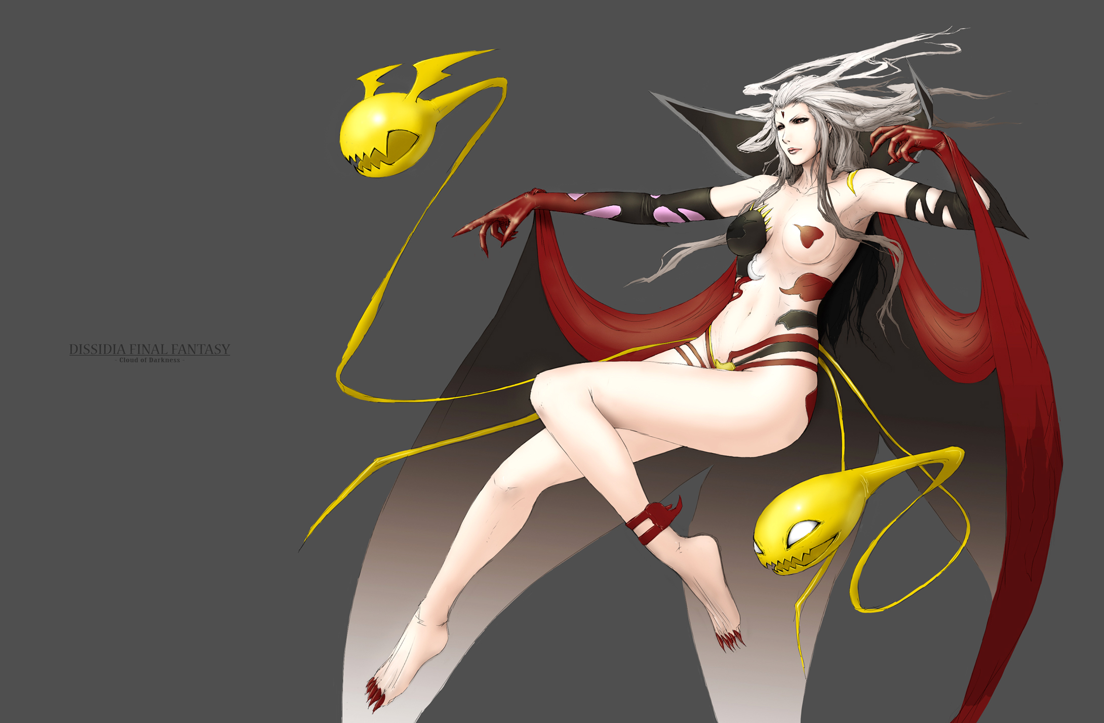 misawa kei, cloud of darkness, dissidia final fantasy, final fantasy, final fantasy iii, highres, 1990s (style), 1girl, anklet, bare shoulders, barefoot, breasts, cleavage, elbow gloves, feet, female focus, full body, gloves, grey hair, jewelry, long hair, midriff, navel, pasties, solo