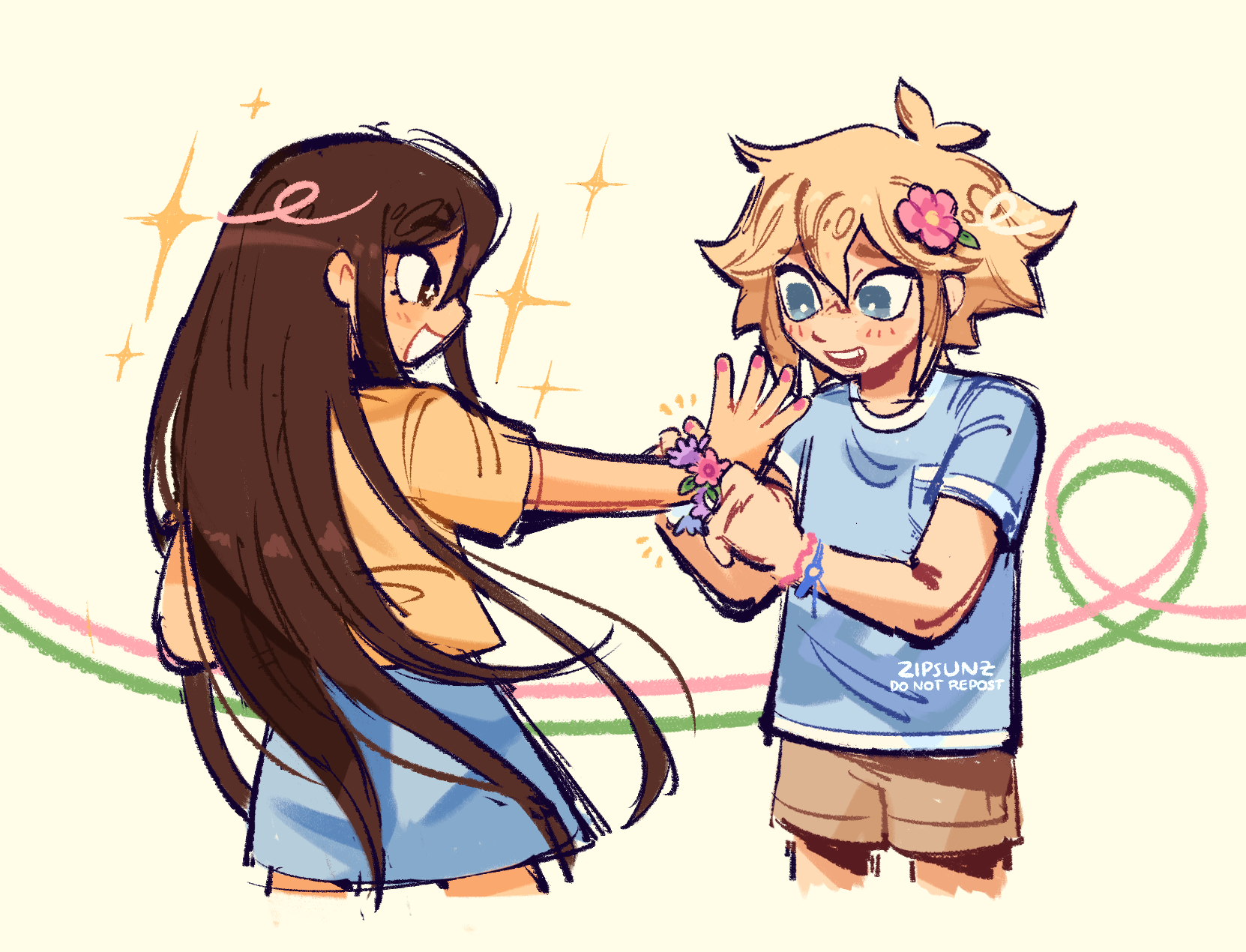 zipsunz, aubrey (faraway) (omori), aubrey (omori), basil (faraway) (omori), basil (omori), omori, commentary, english commentary, highres, + +, 1boy, 1girl, aged down, alternate costume, alternate eye color, alternate hair color, antenna hair, artist name, blonde hair, blue eyes, blue shirt, blue skirt, blush, bracelet, bright pupils, brown eyes, brown hair, brown shirt, brown shorts, double-parted bangs, flower, flower bracelet, hair between eyes, hair flower, hair ornament, jewelry, long hair, looking at another, open mouth, pink nails, shirt, short sleeves, shorts, sidelocks, skirt, smile, t-shirt, teeth, upper teeth only, watermark, white pupils