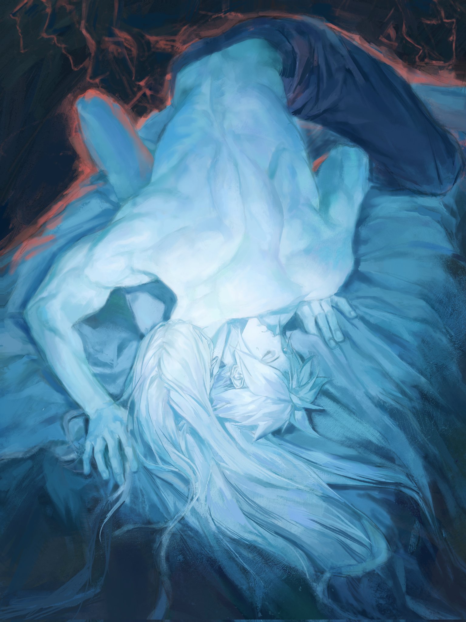 sssinthome, cloud strife, sephiroth, final fantasy, final fantasy vii, commentary, english commentary, highres, 2boys, bed sheet, black background, black pants, closed eyes, long hair, male focus, multiple boys, muscular, muscular male, on bed, pale skin, pants, parted bangs, sharp teeth, short hair, teeth, topless male, yaoi