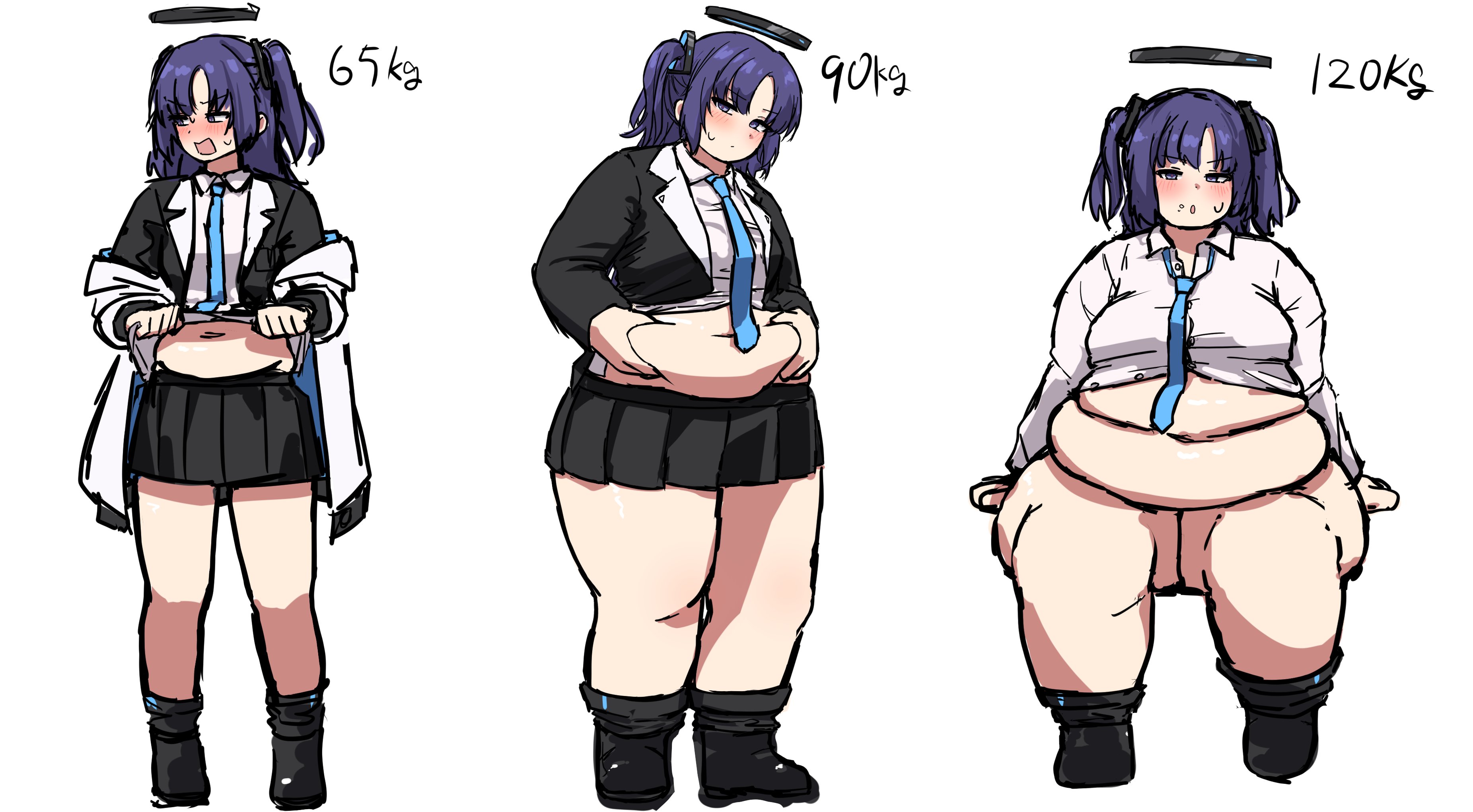 nikuniku315, yuuka (blue archive), blue archive, 1girl, before and after, belly grab, black jacket, black shoes, black skirt, blue eyes, blue necktie, blush, bottomless, breasts, clothes lift, fat, fat rolls, fat woman, hair ornament, halo, hands on own stomach, jacket, medium hair, midriff, miniskirt, multipel views, navel, necktie, open mouth, plump, purple hair, red pupils, shirt, shirt lift, shoes, sitting, skirt, small breasts, solo, standing, sweat, tight clothes, two side up, weight conscious, weight gain, white background, white shirt