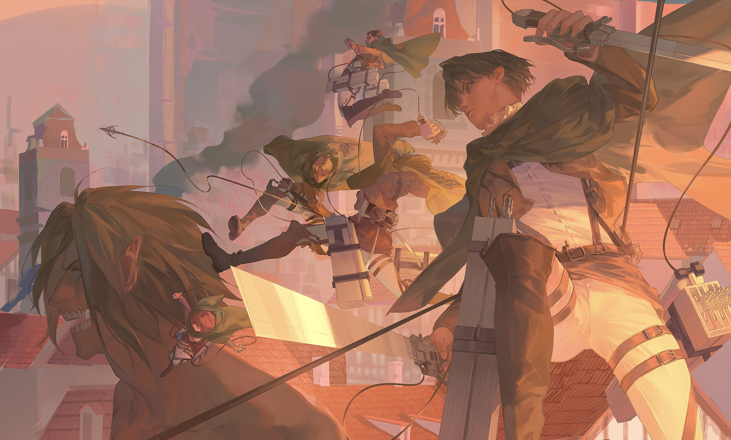 lilypsiren, auruo bossard, erd gin, gunter shulz, levi (shingeki no kyojin), petra ral, rogue titan, titan (shingeki no kyojin), shingeki no kyojin, commentary, english commentary, highres, 1girl, 5boys, black hair, blonde hair, boots, brown hair, brown jacket, cloak, cropped jacket, dual wielding, green cloak, green eyes, holding, jacket, male focus, multiple boys, open mouth, panties, parted bangs, pointy ears, ponytail, shirt, short hair, short ponytail, survey corps (emblem), teeth, thigh boots, three-dimensional maneuver gear, underwear, white panties, white shirt