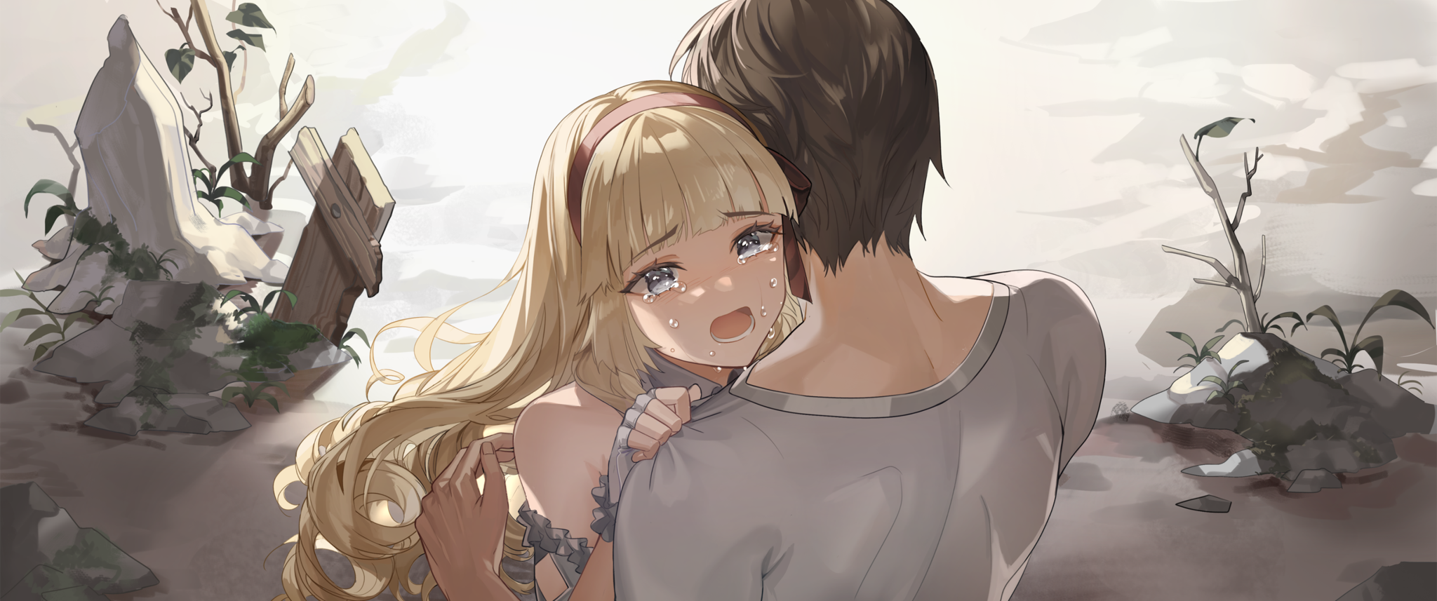 commander (last origin), last origin, artist request, game cg, highres, non-web source, official art, 1boy, 1girl, back, bare shoulders, blonde hair, blunt bangs, blunt sidelocks, brown hair, brown headband, brown ribbon, clinging, collar, crying, dress, drill hair, fingerless gloves, frilled dress, frilled gloves, frills, from behind, gloves, grey eyes, hair ribbon, headband, lower teeth only, maria rioboros, moss, muscular, muscular male, open mouth, outdoors, ribbon, shirt, short hair, sidelocks, standing, teeth, tongue, tree, white collar, white dress, white gloves, white shirt