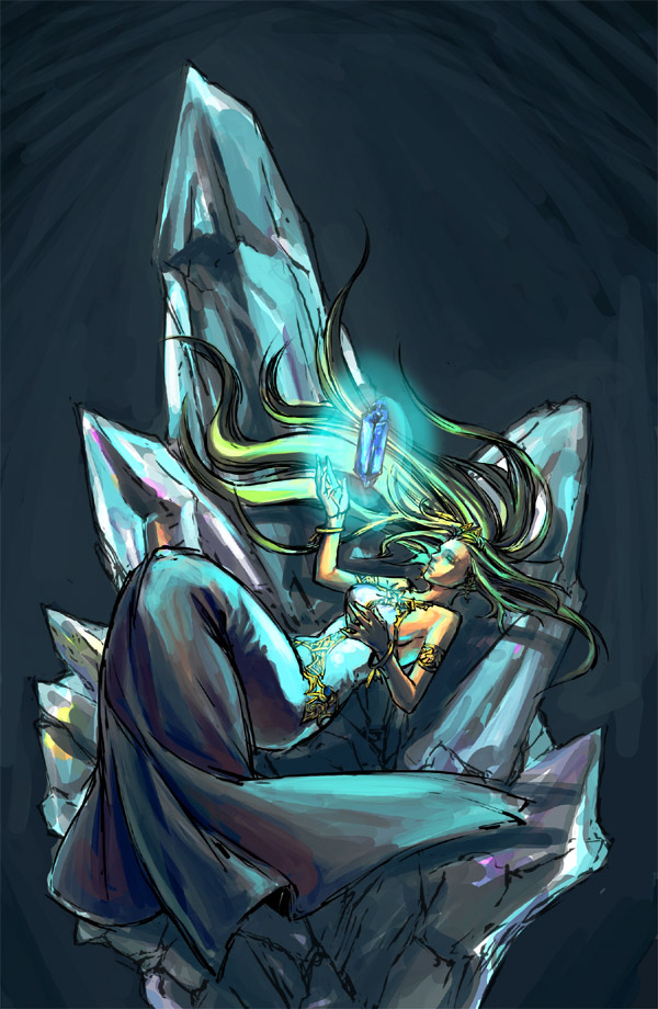 aka gan k, akagishi k, cosmos (dff), dissidia final fantasy, final fantasy, 1girl, armband, bare shoulders, blonde hair, bracelet, closed eyes, crystal, dress, female focus, jewelry, long hair, solo, tiara