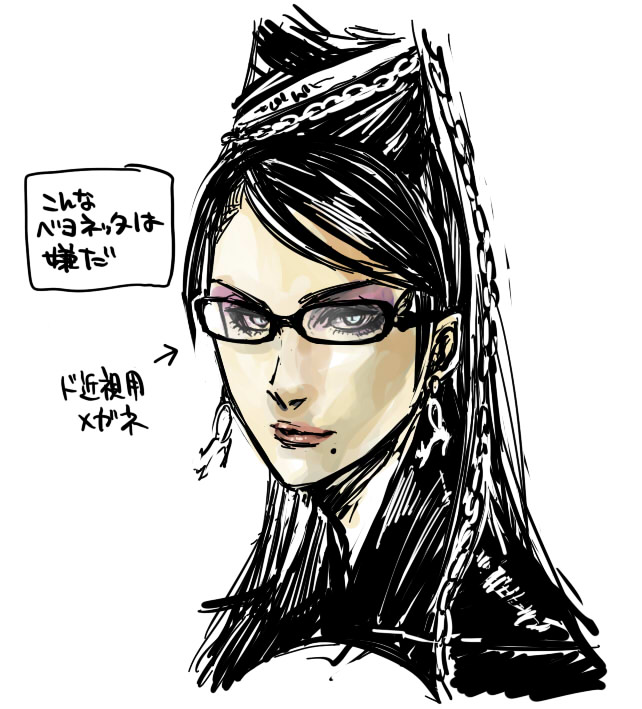 aka gan k, akagishi k, bayonetta, bayonetta (series), 1girl, black hair, blue eyes, earrings, eyeshadow, female focus, glasses, hair bun, jewelry, long hair, makeup, mole, single hair bun, solo, white background