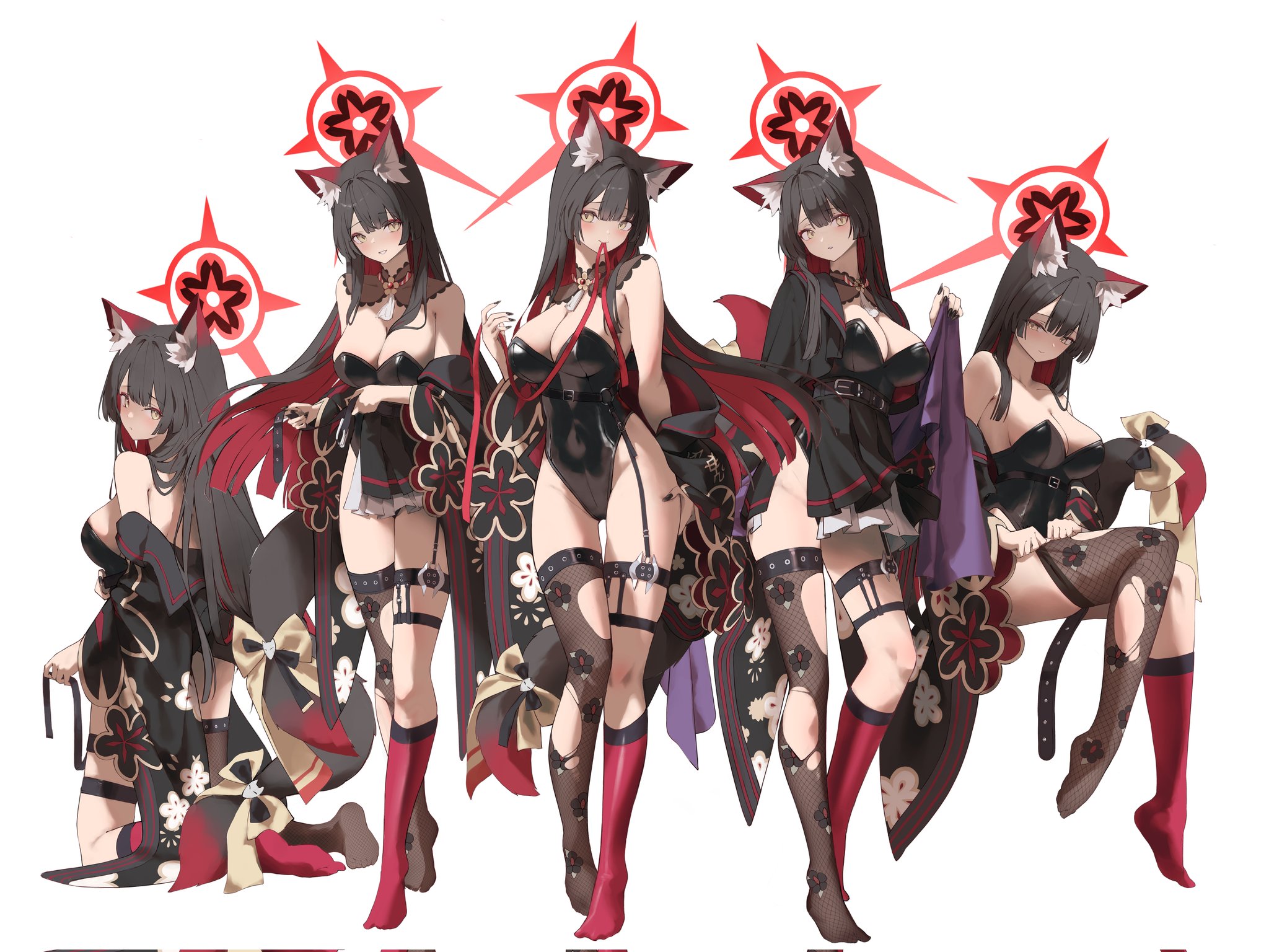 vam (js vam), wakamo (blue archive), blue archive, commentary, highres, symbol-only commentary, 1girl, animal ear fluff, animal ears, black hair, breasts, colored inner hair, fox ears, fox girl, fox tail, halo, kneeling, large breasts, multicolored hair, multiple views, playboy bunny, red hair, red ribbon, ribbon, simple background, sitting, skirt, smile, standing, tail, thick thighs, thighs, white background, yellow eyes