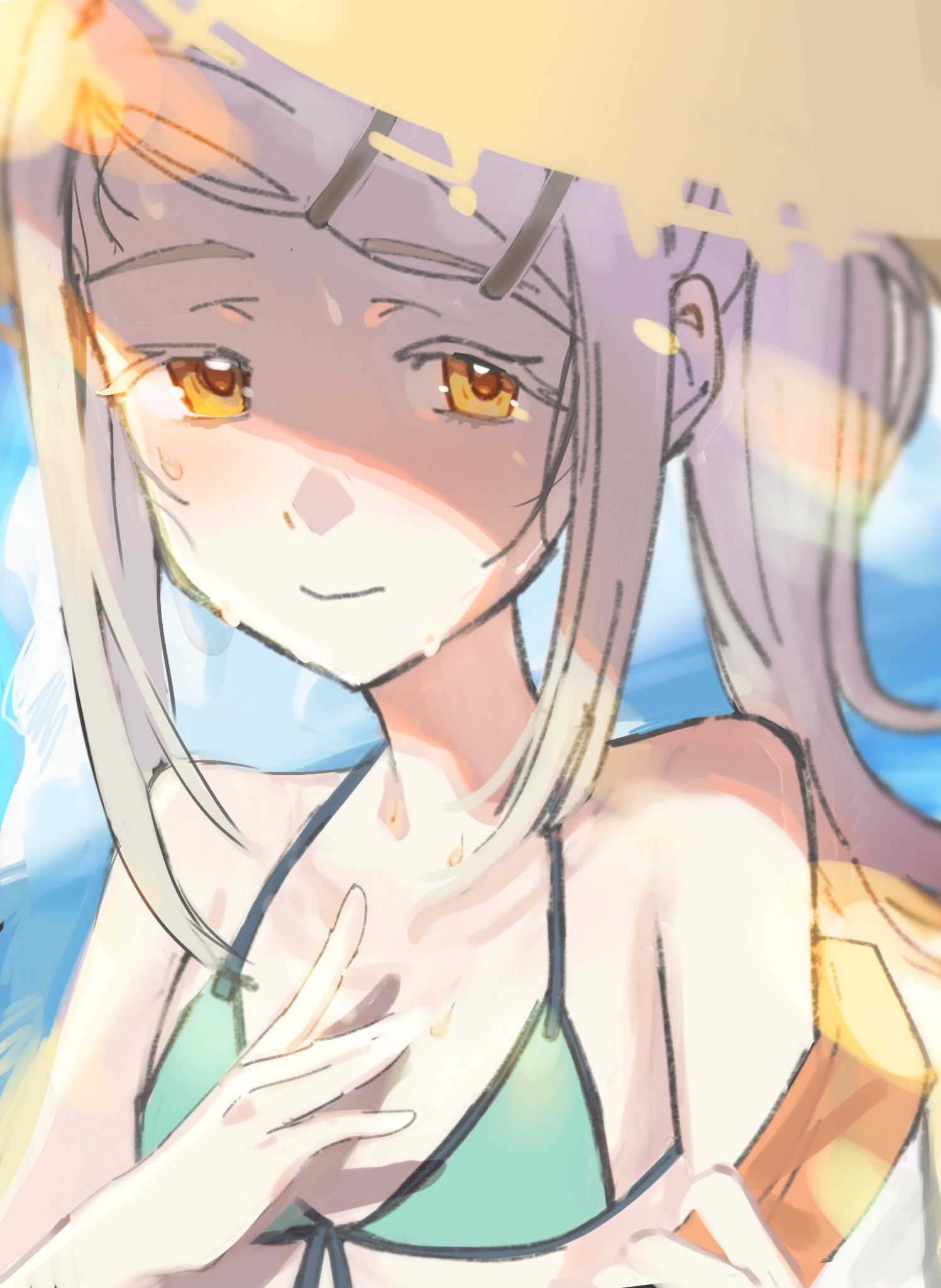 sumomo otome, shinosawa hiro, gakuen idolmaster, idolmaster, commentary request, highres, 1girl, bare shoulders, beach, bikini, closed mouth, cloud, collarbone, colored eyelashes, front-tie bikini top, front-tie top, grey hair, hair ornament, hairclip, hand on own chest, hat, horizon, jacket, kimi to semi blue (idolmaster), long hair, looking at viewer, ocean, off shoulder, orange eyes, orange jacket, outdoors, parallel hairclips, ponytail, shade, sky, solo, straw hat, sun hat, sweat, swimsuit, two-sided fabric, upper body, white jacket