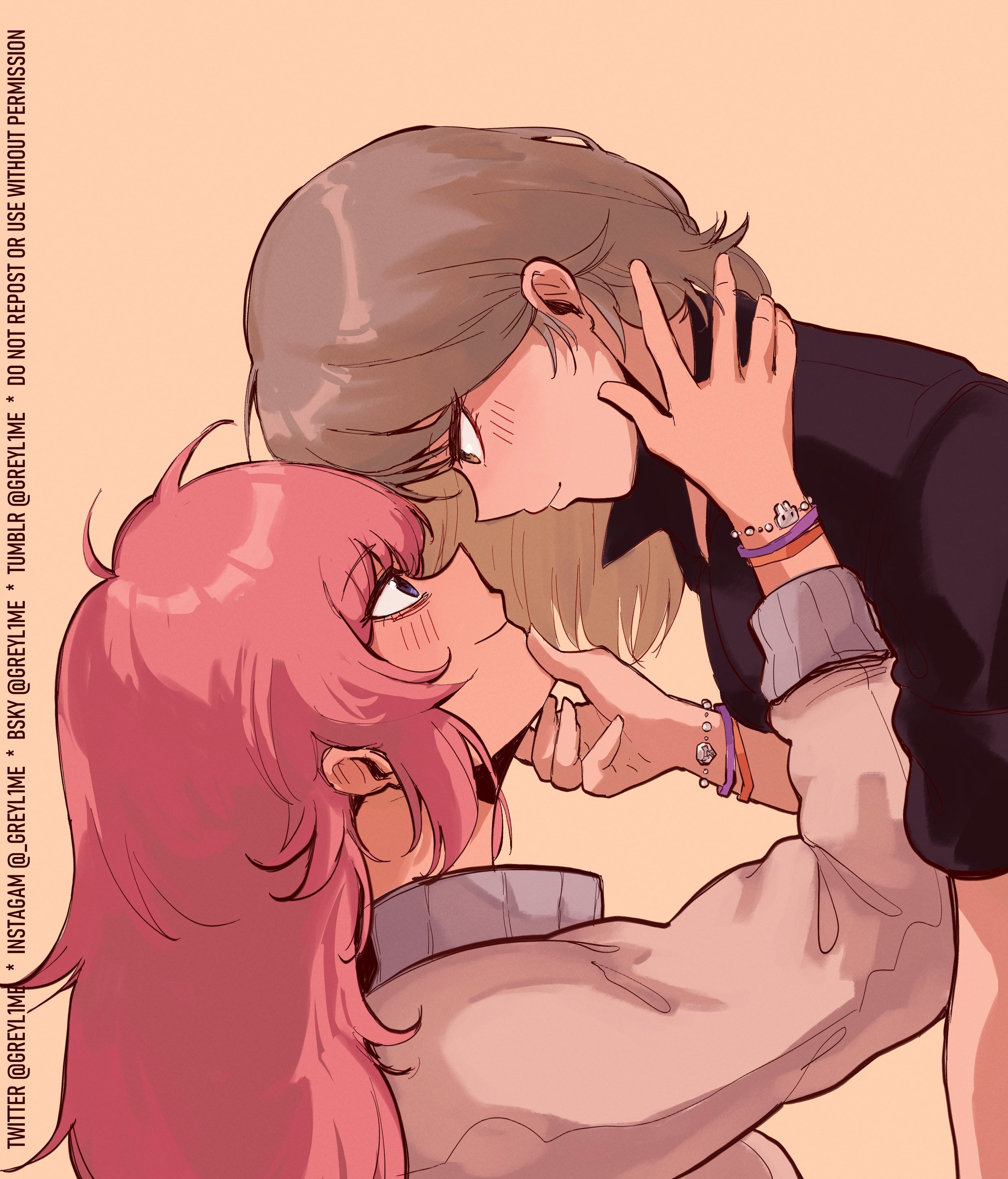 greyl1me, loli (to be hero x), to be hero, to be hero x, absurdres, highres, 2girls, black shirt, blush, bracelet, closed mouth, english text, eye contact, grey hair, grey jacket, hand on another's chin, jacket, jewelry, long hair, looking at another, multiple girls, pink hair, purple eyes, shirt, simple background, smile, wang nuonuo, yellow background, yellow eyes, yuri