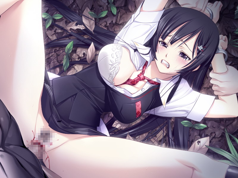 ribahara aki, ail soft, touka chiru, character request, game cg, source request, 1girl, 2boys, bdsm, black eyes, black hair, blood, blush, bondage, bound, bra, censored, clenched teeth, cuffs, defloration, gang rape, group sex, handcuffs, lingerie, long hair, multiple boys, necktie, penis, pubic hair, pussy, rape, school uniform, sex, skirt, tears, teeth, underwear