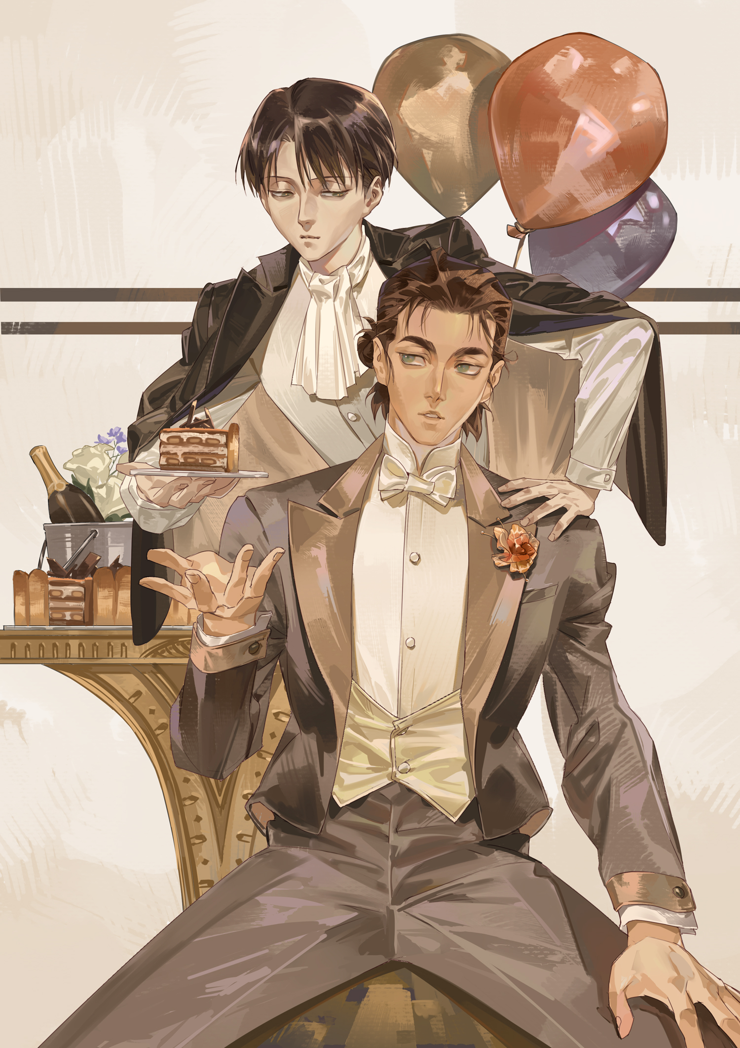 lilypsiren, eren yeager, levi (shingeki no kyojin), shingeki no kyojin, commentary, english commentary, highres, 2boys, ascot, balloon, black hair, black jacket, bottle, bow, bowtie, brown hair, cake, collared shirt, food, formal clothes, green eyes, grey eyes, grey jacket, grey pants, grey suit, hair bun, hand on another's shoulder, holding, holding cake, holding food, j. c. leyendecker (style), jacket, jacket on shoulders, male focus, medium hair, multiple boys, pants, parted bangs, parted lips, shirt, short hair, sitting, suit, updo, white ascot, white bow, white bowtie, white shirt