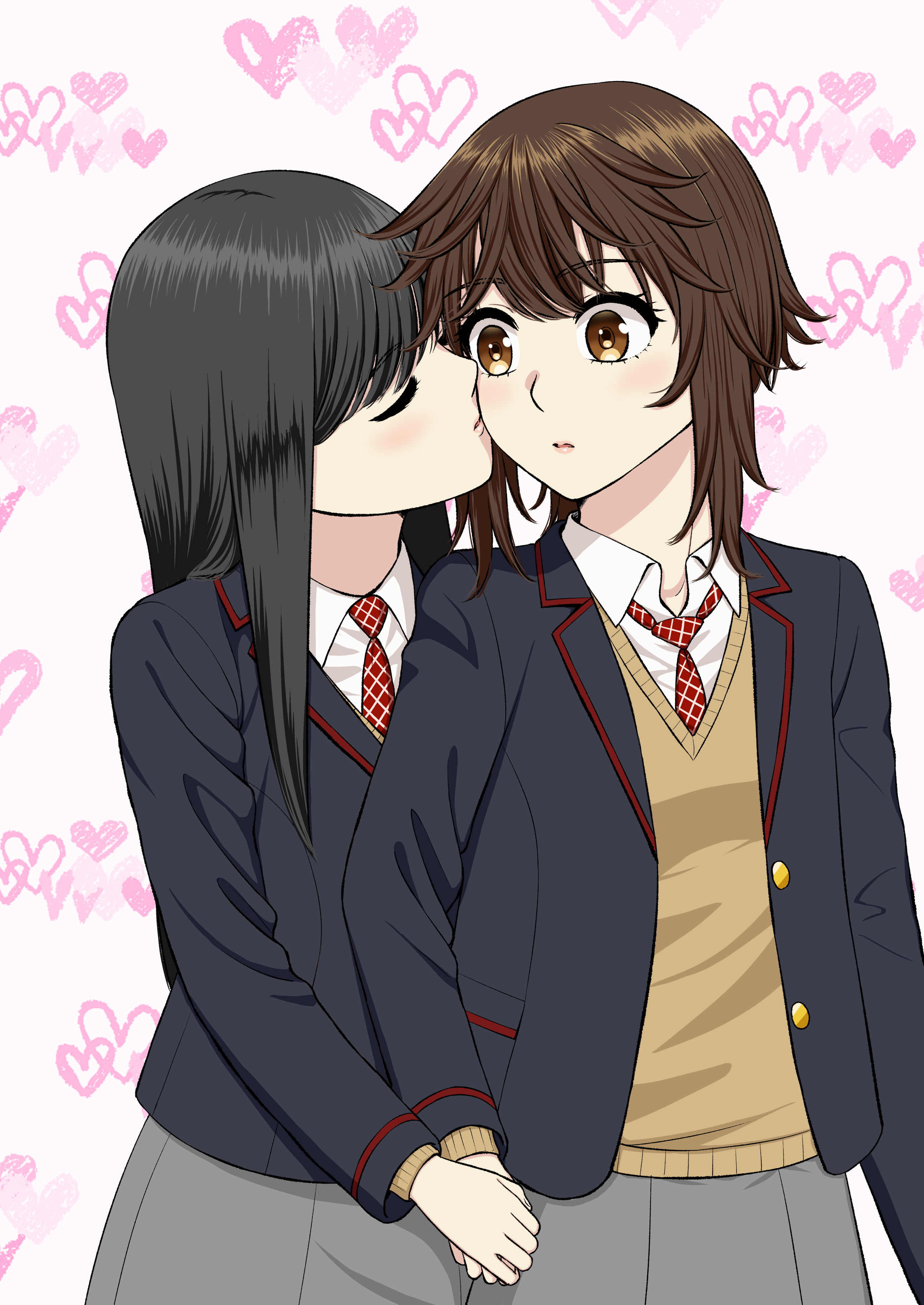 ryuusa, original, absurdres, commentary request, highres, 2girls, black hair, black jacket, blazer, brown eyes, brown hair, brown sweater vest, closed eyes, collared shirt, grey skirt, heart, holding hands, jacket, kiss, kissing cheek, long hair, medium hair, multiple girls, necktie, red necktie, shirt, skirt, sweater vest, white background, white shirt, yuri