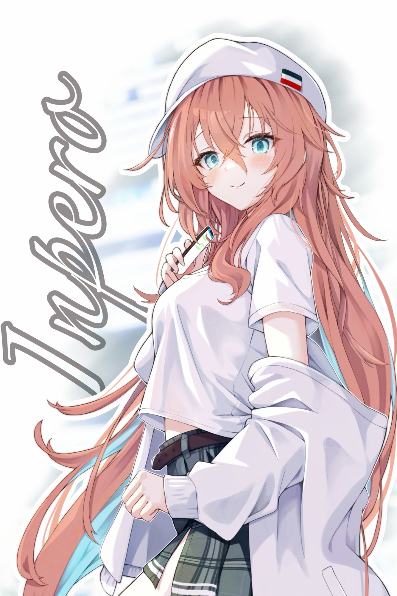 asobineko (neko irastonyan), impero (azur lane), azur lane, commentary request, highres, 1girl, aqua eyes, blue eyes, blue hair, blush, brown hair, casual, cellphone, character name, checkered clothes, checkered skirt, closed mouth, colored inner hair, green skirt, hair between eyes, hat, holding, holding phone, jacket, long hair, looking at viewer, multicolored hair, phone, shirt, short sleeves, skirt, smartphone, smile, solo, very long hair, white hat, white jacket, white shirt