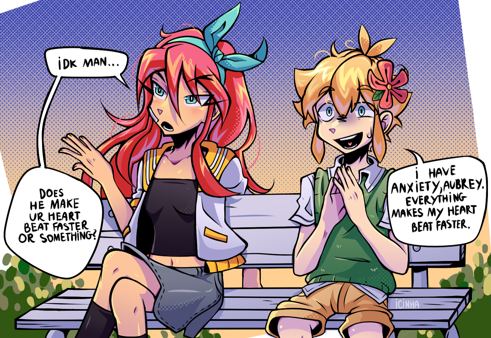 theicinha, aubrey (faraway) (omori), aubrey (omori), basil (faraway) (omori), basil (omori), omori, commentary, english commentary, highres, 1boy, 1girl, antenna hair, artist name, bandaid, bandaid on cheek, bandaid on face, bench, black socks, blonde hair, blue eyes, blue hairband, blue skirt, breasts, bright pupils, brown shorts, collarbone, collared shirt, crop top, crossed legs, denim, denim skirt, double-parted bangs, english text, flower, green sweater vest, hair between eyes, hair flower, hair ornament, hairband, jacket, kneehighs, long hair, long sidelocks, lower teeth only, navel, open clothes, open jacket, open mouth, pink hair, shirt, short-sleeved jacket, short hair, short sleeves, shorts, sidelocks, sitting, skirt, small breasts, socks, speech bubble, sweatdrop, sweater vest, teeth, white jacket, white pupils, white shirt, wooden bench