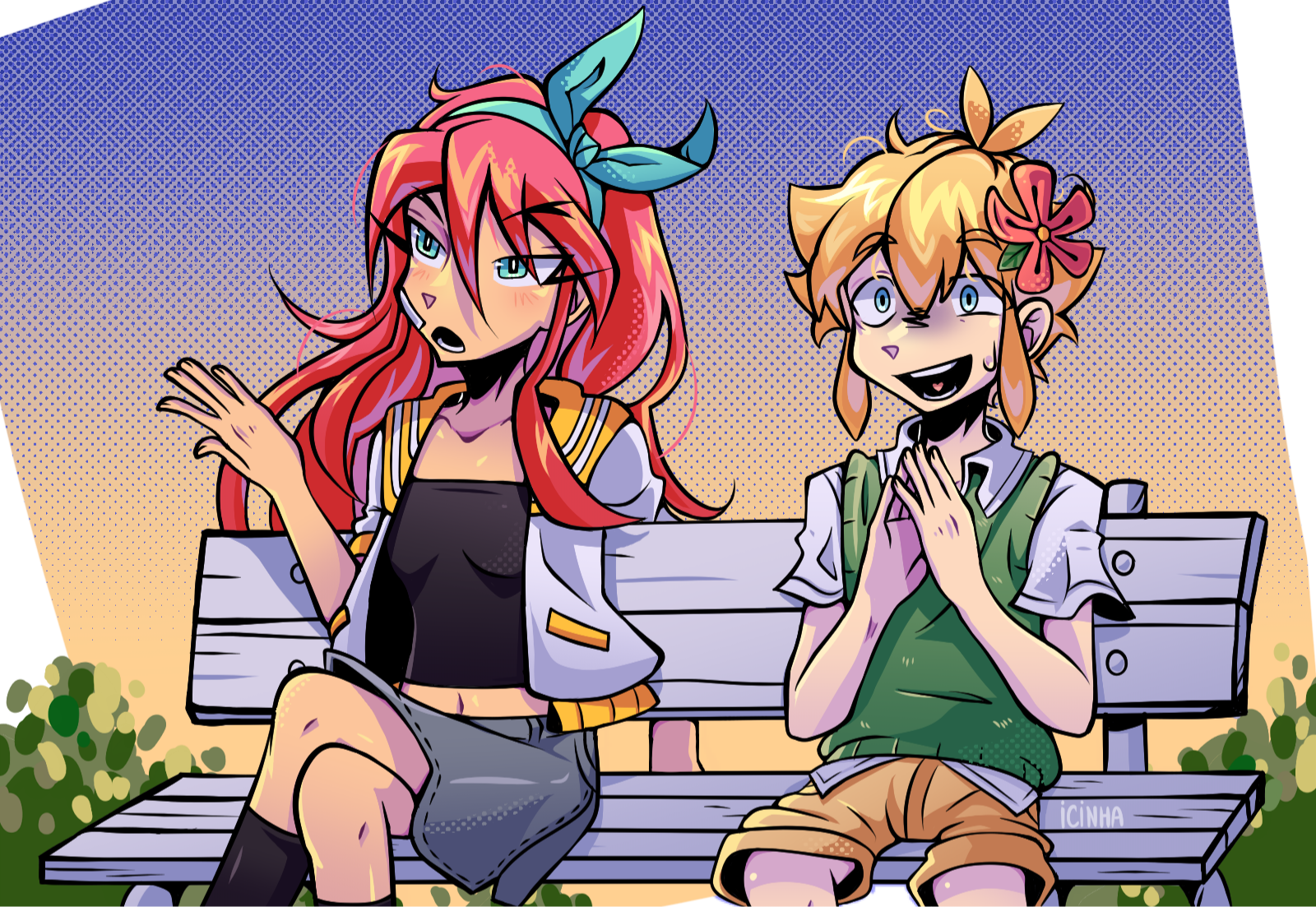 theicinha, aubrey (faraway) (omori), aubrey (omori), basil (faraway) (omori), basil (omori), omori, commentary, english commentary, highres, 1boy, 1girl, antenna hair, artist name, bandaid, bandaid on cheek, bandaid on face, bench, black socks, blonde hair, blue eyes, blue hairband, blue skirt, breasts, bright pupils, brown shorts, collarbone, collared shirt, crop top, crossed legs, denim, denim skirt, double-parted bangs, flower, green sweater vest, hair between eyes, hair flower, hair ornament, hairband, jacket, kneehighs, long hair, long sidelocks, lower teeth only, navel, open clothes, open jacket, open mouth, pink hair, shirt, short-sleeved jacket, short hair, short sleeves, shorts, sidelocks, sitting, skirt, small breasts, socks, sweatdrop, sweater vest, teeth, white jacket, white pupils, white shirt, wooden bench