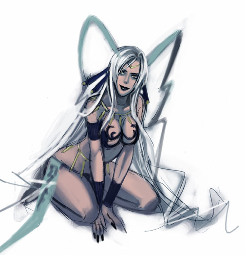 kareji, yunalesca, final fantasy, final fantasy x, 00s, 1girl, armband, breasts, cleavage, female focus, long hair, sitting, solo, very long hair, white background, white hair, wristband