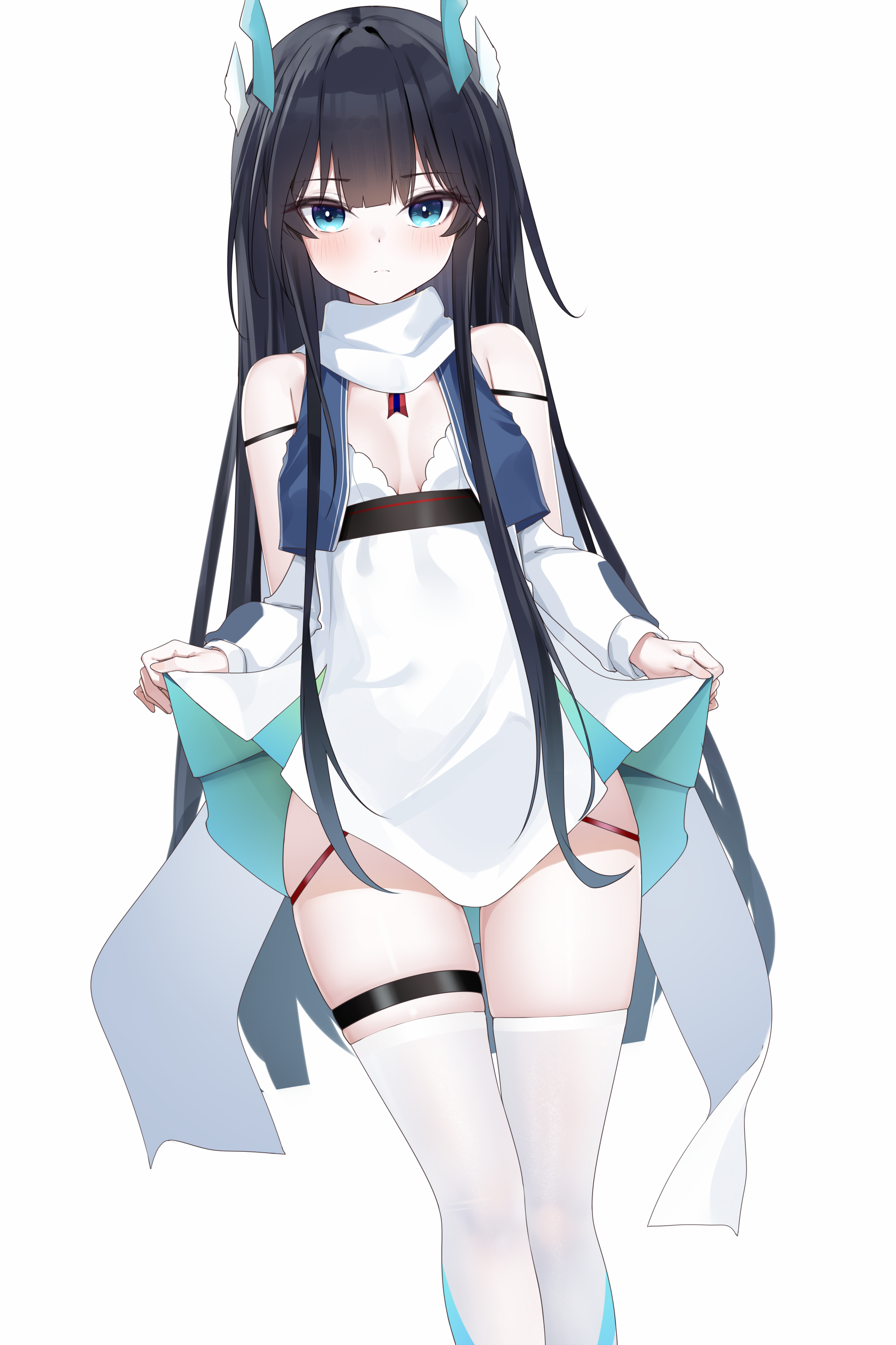 zerotwenty (020), clarence k. bronson (azur lane), azur lane, absurdres, commentary request, highres, 1girl, aqua eyes, black hair, blue eyes, breasts, breasts apart, closed mouth, clothes lift, dress, dress lift, expressionless, light blush, long hair, looking at viewer, simple background, small breasts, solo, thigh strap, thighhighs, very long hair, white background, white dress, white thighhighs