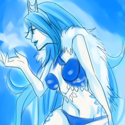 kareji, shiva (final fantasy), final fantasy, final fantasy xii, final fantasy xii revenant wings, lowres, 00s, 1girl, bare shoulders, blue eyes, blue hair, blue lips, blue skin, breasts, colored skin, crown, female focus, matching hair/eyes, midriff, monochrome, navel, solo