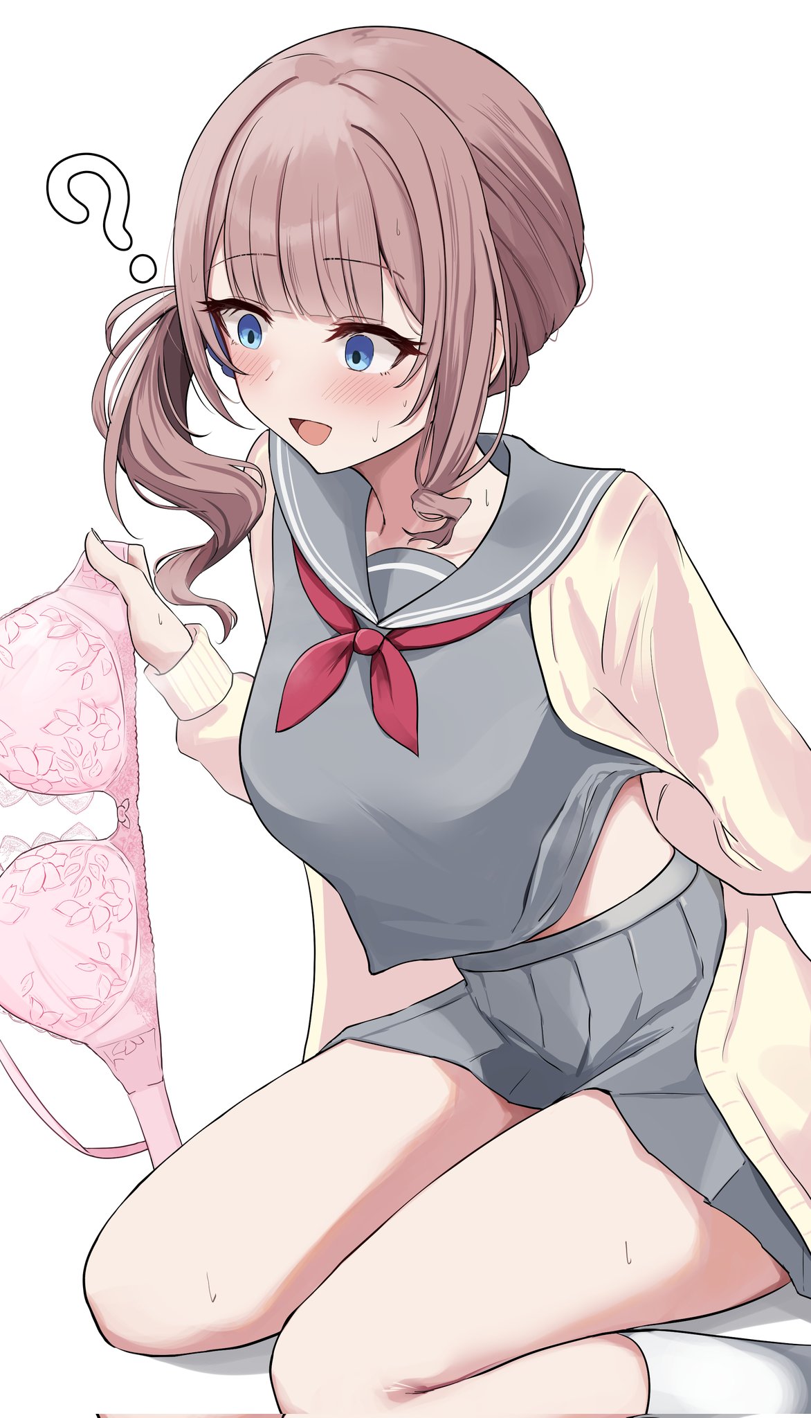kunizaki, mochizuki honami, project sekai, commentary request, corrupted twitter file, highres, 1girl, :d, ?, arm behind back, asymmetrical sidelocks, blue eyes, blunt bangs, blush, bra, breasts, brown hair, cardigan, feet out of frame, grey sailor collar, grey serafuku, grey shirt, grey skirt, hand up, holding, holding bra, holding underwear, holding unworn clothes, kneehighs, large breasts, long hair, long sleeves, looking at object, miniskirt, miyamasuzaka girls' academy school uniform, neckerchief, open cardigan, open clothes, open mouth, pink bra, pleated skirt, red neckerchief, sailor collar, school uniform, serafuku, shirt, side ponytail, sidelocks, simple background, sitting, skirt, smile, socks, solo, sweat, thighs, underwear, unworn bra, wariza, white background, yellow cardigan
