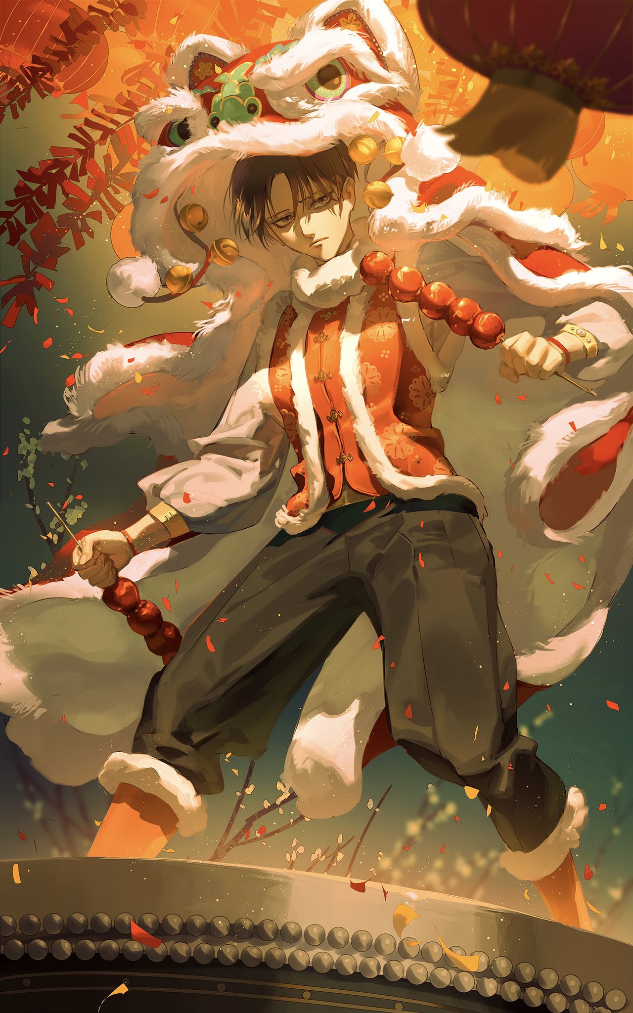 lilypsiren, levi (shingeki no kyojin), shingeki no kyojin, commentary, english commentary, highres, 1boy, black hair, black pantyhose, boots, chinese new year, cloak, dragon hood, fur-trimmed boots, fur-trimmed cloak, fur-trimmed vest, fur trim, hair between eyes, hood, hooded cloak, lantern, male focus, pantyhose, parted lips, red boots, red cloak, red vest, shirt, short hair, solo, vest, white shirt